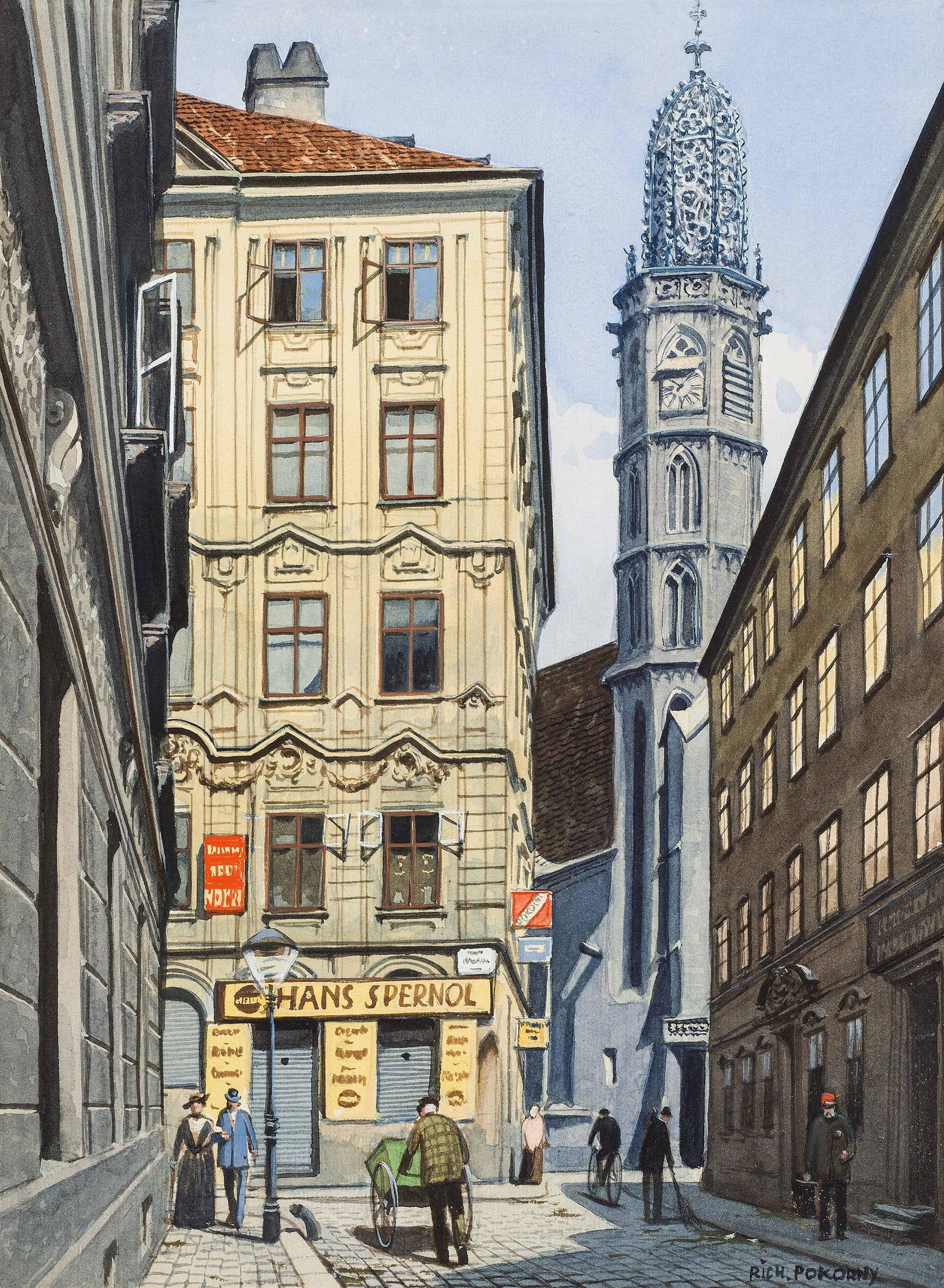 Richard Pokorny: Wien, Maria am Gestade: Richard Pokorny Wien, Maria am Gestade Aquarell auf Papier; gerahmt 33 x 24,5 cm (Passep.-Ausschnitt) Signiert rechts unten: Rich. Pokorny Privatsammlung, Österreich Richard Pokorny Vienna,