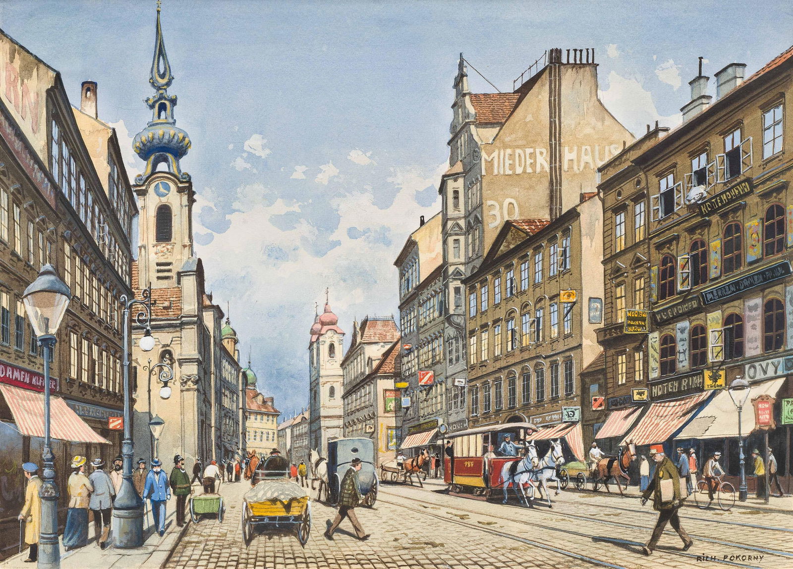 Richard Pokorny: Wien, Mariahilfer Straße mit Garnisonskirche: Richard Pokorny Wien, Mariahilfer Straße mit Garnisonskirche Aquarell auf Papier; gerahmt 34 x 47 cm (Passep.-Ausschnitt) Signiert rechts unten. Rich. Pokorny Privatsammlung, Österreich 