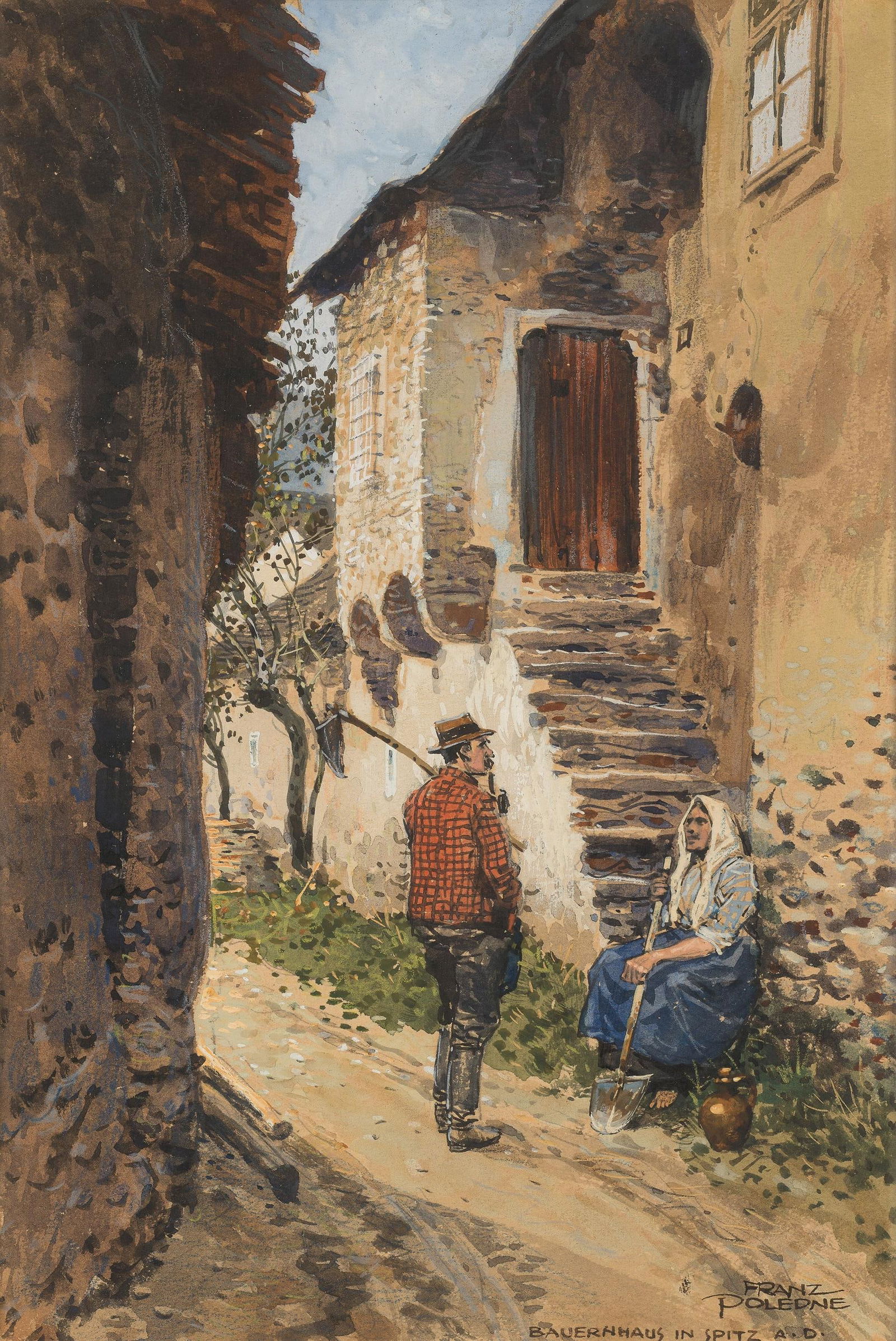 Franz Poledne: Bauernhaus in Spitz an der Donau: Franz Poledne Bauernhaus in Spitz an der Donau Aquarell auf Papier; gerahmt 23,5 x 16 cm (Passep.-Ausschnitt) Signiert und bezeichnet rechts unten: Franz / Poledne / Bauernhaus in Spitz a. D.