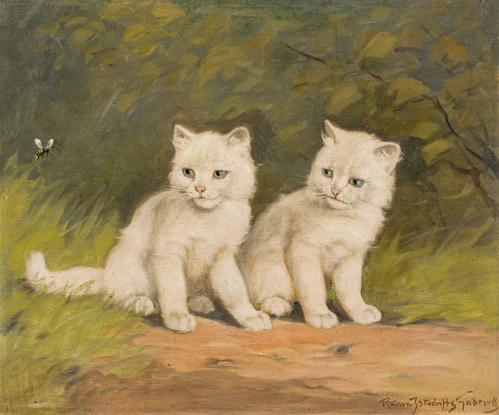 Gabriella Rainer-Istvanffy: Zwei weiße Kätzchen: Gabriella Rainer-Istvanffy Zwei weiße Kätzchen Öl auf Leinwand; gerahmt 50,5 x 59,5 cm Signiert rechts unten: Rainer-Istvanffy Gabriella Privatbesitz, Österreich Gabriella