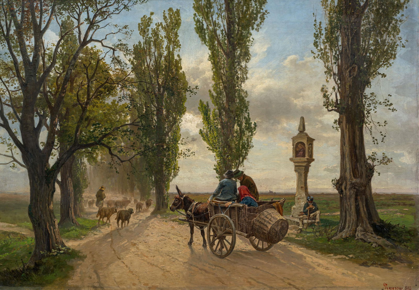 Gustav Ranzoni: Landstraße mit Fuhrwerk und Schafherde: Gustav Ranzoni Landstraße mit Fuhrwerk und Schafherde 1898 Öl auf Leinwand; gerahmt 75 x 105 cm Signiert und datiert rechts unten: Ranzoni (1)898 Privatbesitz, Deutschland; Privatbesitz, 