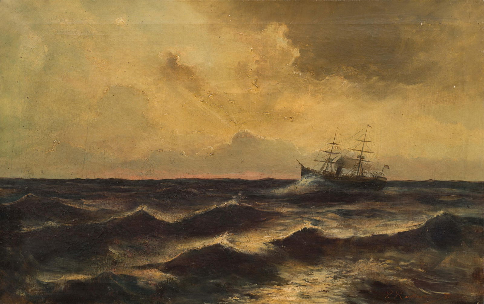 Paul Reiffenstein: Seestück mit Segeldampfer: Paul Reiffenstein Seestück mit Segeldampfer 1887 Öl auf Leinwand; gerahmt 52 x 82 cm Signiert und datiert rechts unten: P. Reiffenstein. (18)87. österreichischer Privatbesitz Paul