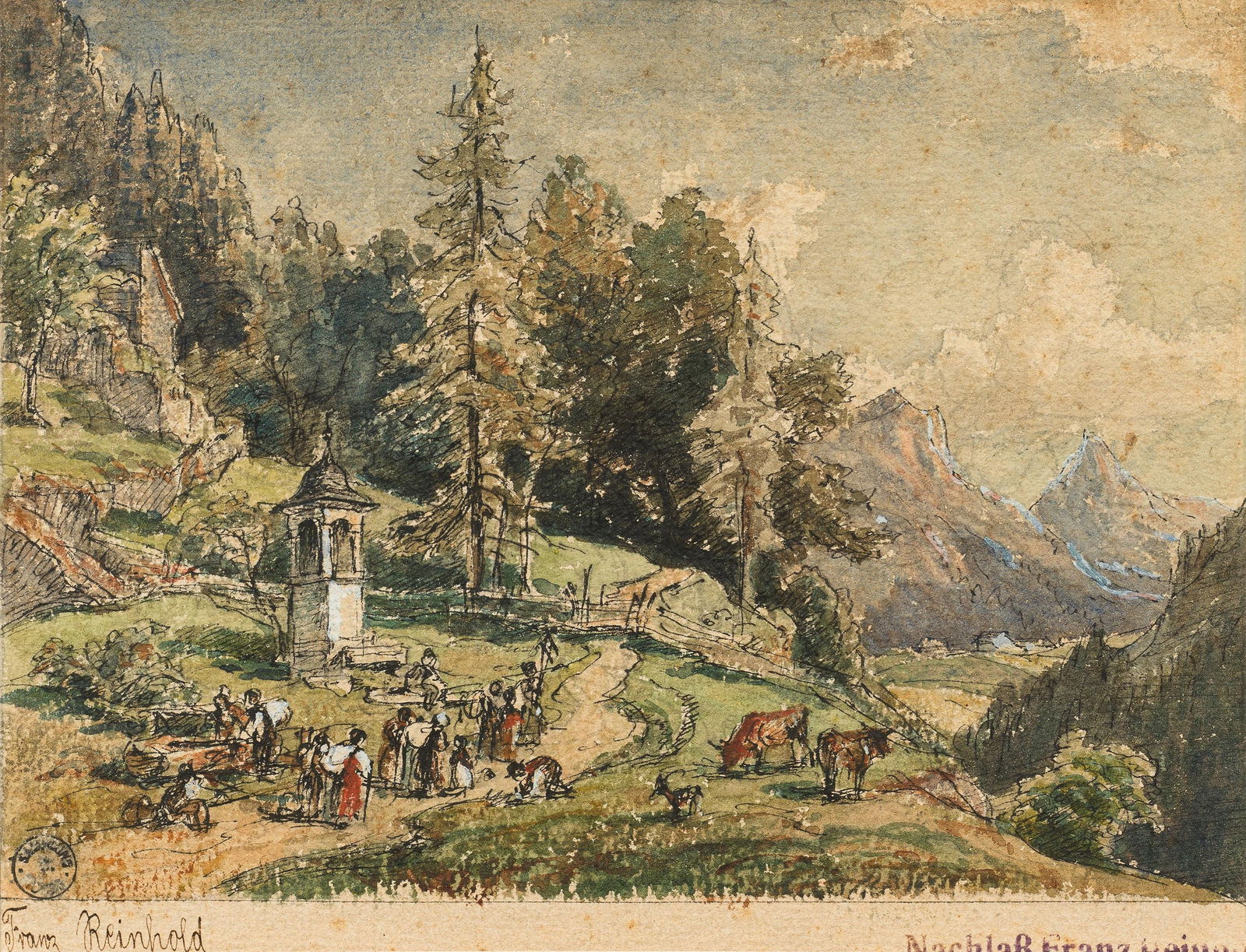 Franz Reinhold: Die Wallfahrt: Franz Reinhold Die Wallfahrt Aquarell auf Papier; gerahmt 16 x 20 cm (Passep.-Ausschnitt) Signiert links unten: Franz Reinhold; Nachlass-Stempel des Künstlers rechts unten; rückseitig bezeic