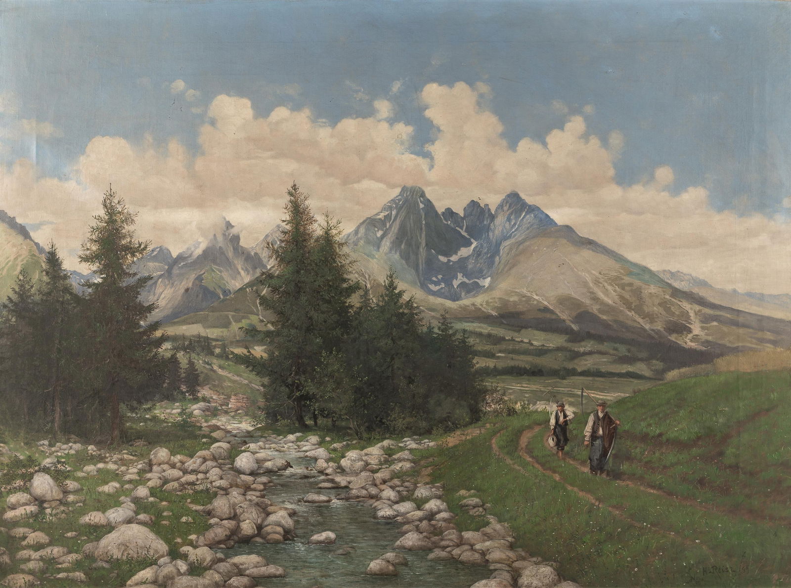 Hermann Reisz: Tal am Fuße der Hohen Tatra mit Blick auf die Lomnitzer Spitze: Hermann Reisz Tal am Fuße der Hohen Tatra mit Blick auf die Lomnitzer Spitze 1899 Öl auf Leinwand; gerahmt 74 x 100 cm Signiert und datiert rechts unten: H. Reisz (18)99 Privatbesitz, Ö