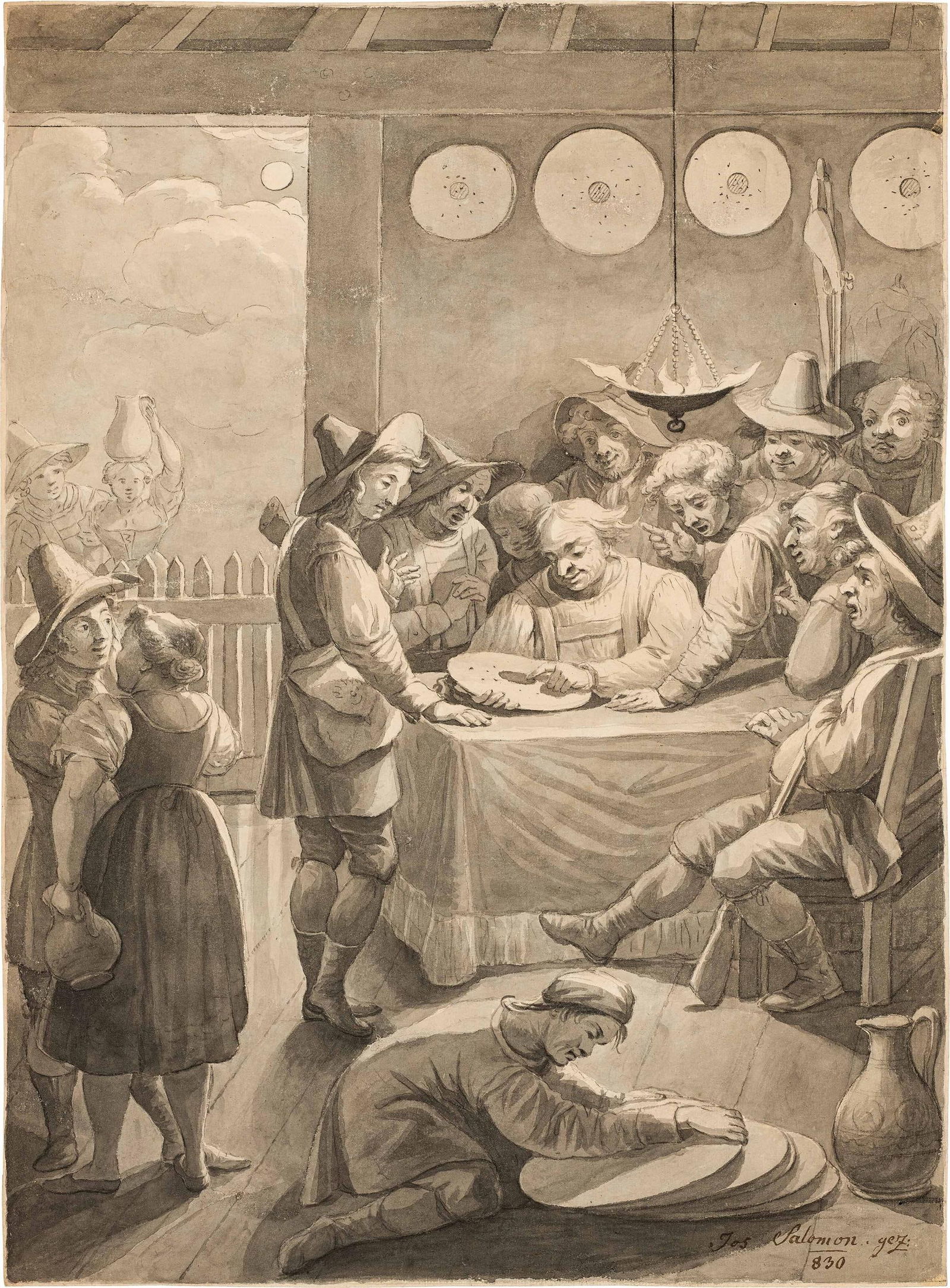 Joseph Salomon: Schützenverein: Joseph Salomon Schützenverein 1830 Bleistift und Tusche, laviert auf Papier; ungerahmt 50,5 x 37 cm Signiert und datiert rechts unten: Jos Salomon. gez: / (1)830 Sammlung Alfred Stix (1882-1957),