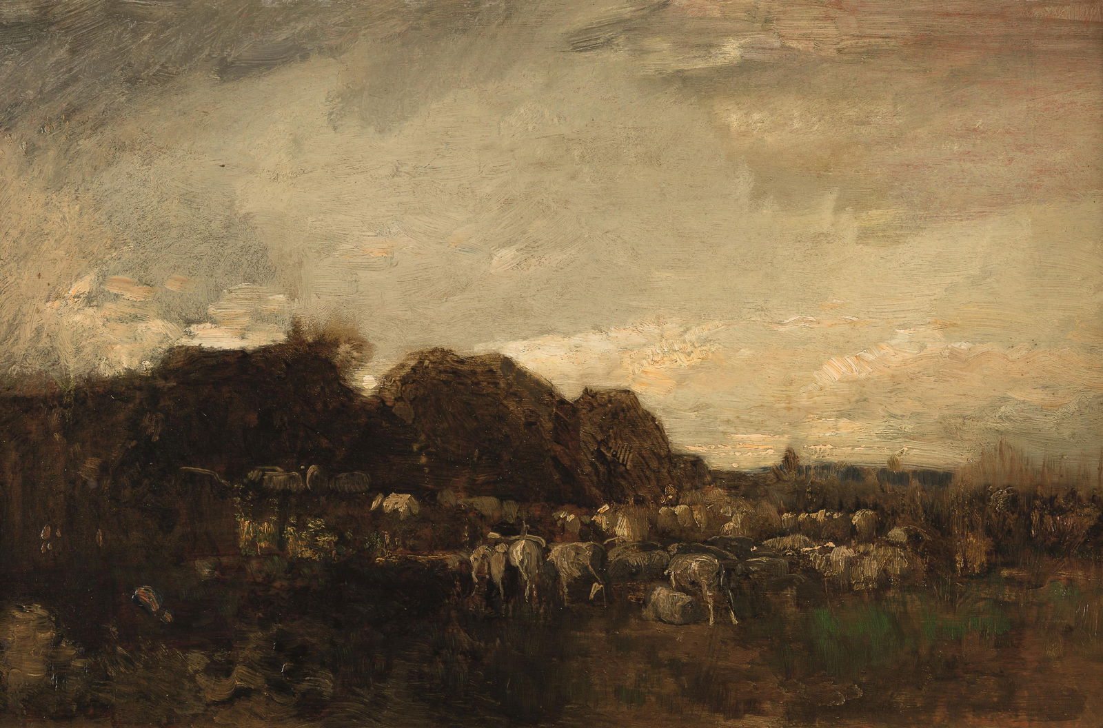 Emil Jakob Schindler: Abendlandschaft mit Schafen: Emil Jakob Schindler Abendlandschaft mit Schafen 1878/80 Öl auf Holz; gerahmt 35 x 52,5 cm Dorotheum Wien, 14.3.1967, Nr. 118, Tafel 63 (SW-Abb.); Privatsammlung, Wien Heinrich Fuchs, Emil Jakob