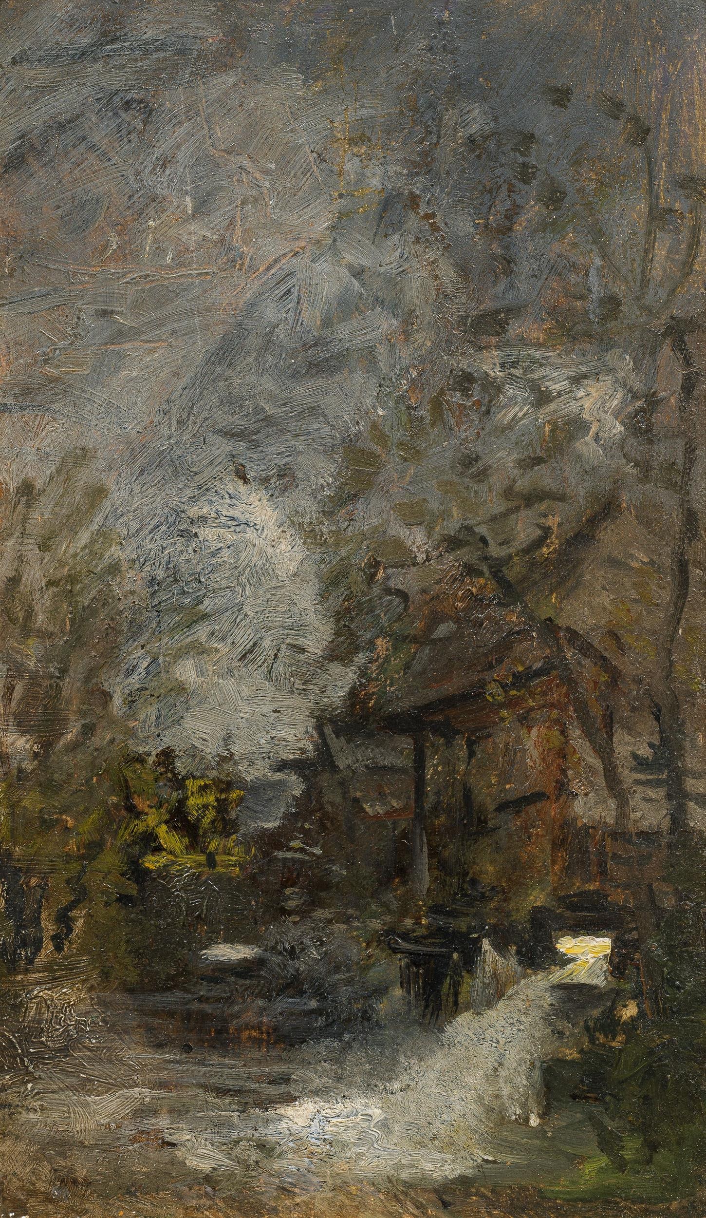 Emil Jakob Schindler Umkreis: Mühle am Bach: Emil Jakob Schindler Umkreis Mühle am Bach Öl auf Holz; gerahmt 21,5 x 12,5 cm österreichischer Privatbesitz Emil Jakob Schindler Circle of Mill by the Creek oil on panel; framed 21,5 x