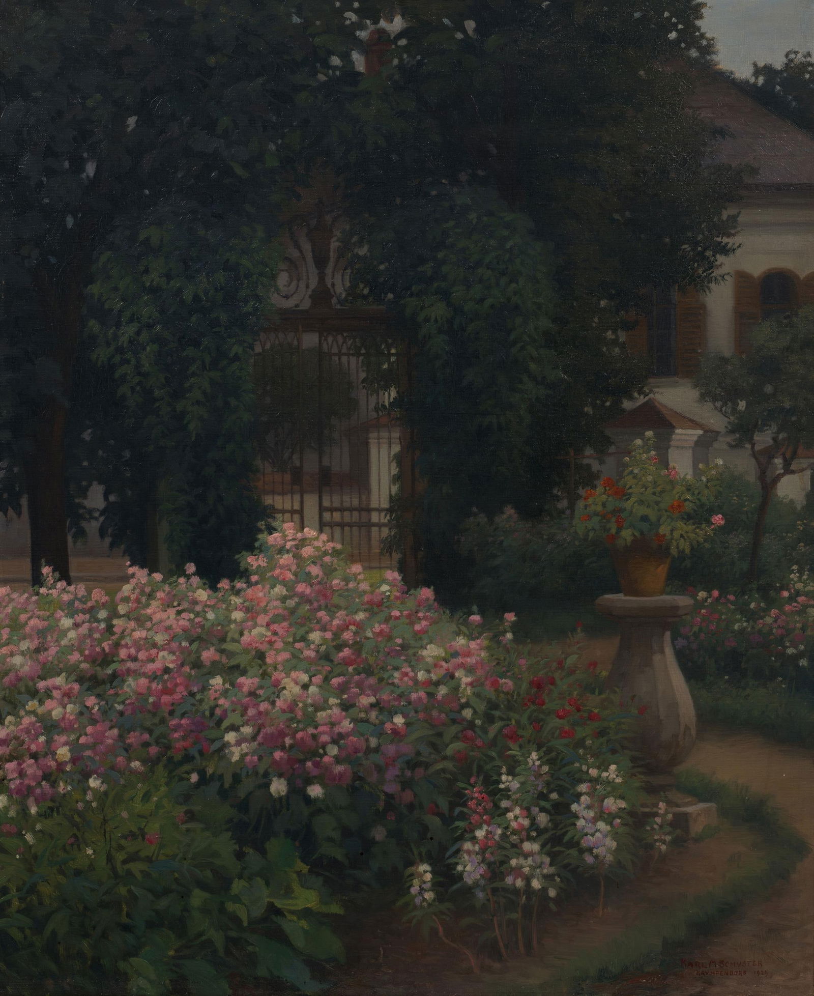 Karl Maria Schuster: Park von Schloss Krumpendorf am Wörthersee: Karl Maria Schuster Park von Schloss Krumpendorf am Wörthersee 1929 Öl auf Leinwand; gerahmt 78,9 x 64,5 cm Signiert, bezeichnet und datiert rechts unten: Karl M. Schuster / Krumpendorf 1929