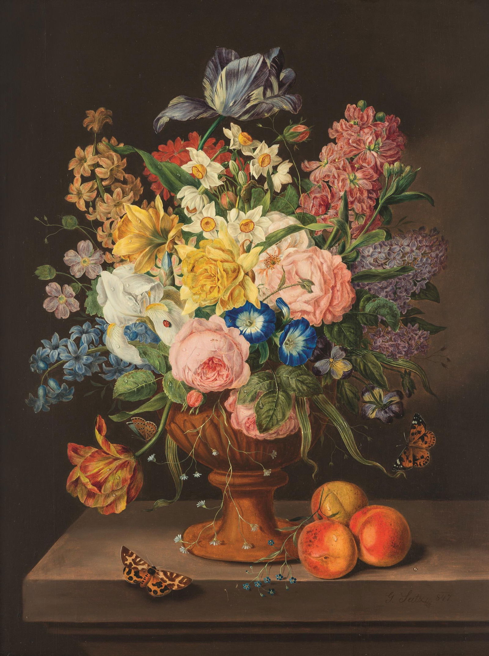 Johann Georg Seitz: Blumenstillleben mit Pfirsichen: Johann Georg Seitz Blumenstillleben mit Pfirsichen 1847 Öl auf Holz; gerahmt 63,5 x 48,5 cm Signiert und datiert rechts unten: G. Seitz (1)847. Dorotheum Wien, 12.9.1982, Nr. 465, Tafel LV (Farba