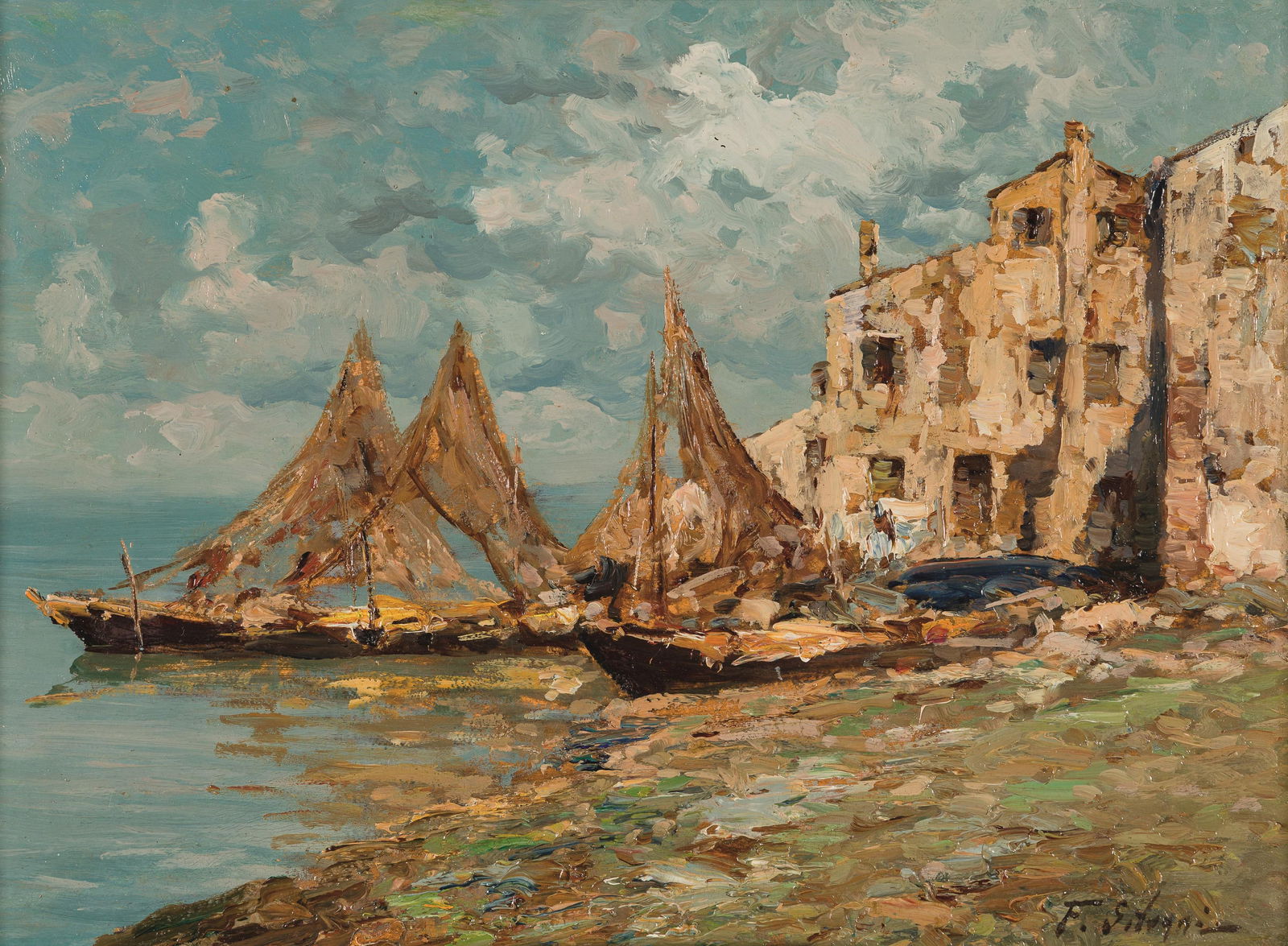 Ferdinando Silvani: Venedig, Pellestrina: Ferdinando Silvani Venedig, Pellestrina Öl auf Karton; gerahmt 22 x 30,5 cm Signiert rechts unten: F. Silvani; rückseitig bezeichnet Privatbesitz, Österreich Ferdinando Silvani