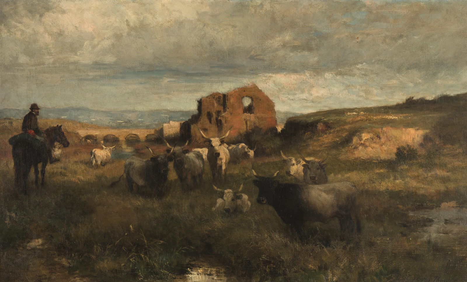 Otto von Thoren: Rinderherde an einem Fluss: Otto von Thoren Rinderherde an einem Fluss Öl auf Leinwand; gerahmt 50 x 81 cm Signiert rechts unten: O. von Thoren Rückseitig Etikett der Kunsthandlung E. Hirschler und Comp., Wien Kunsthan