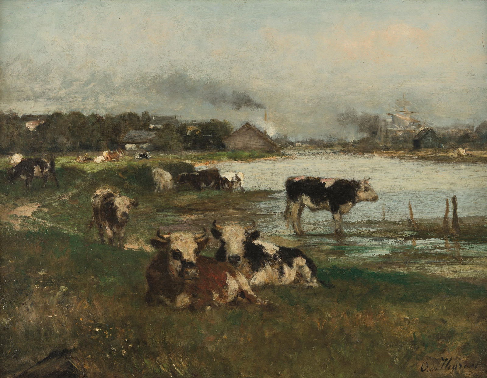 Otto von Thoren: Rinderherde im Marschland bei Deauville: Otto von Thoren Rinderherde im Marschland bei Deauville Öl auf Holz; gerahmt 26,5 x 35 cm Signiert rechts unten: O. v. Thoren Rückseitig auf Etikett betitelt: Thoren (Otto de) / A la