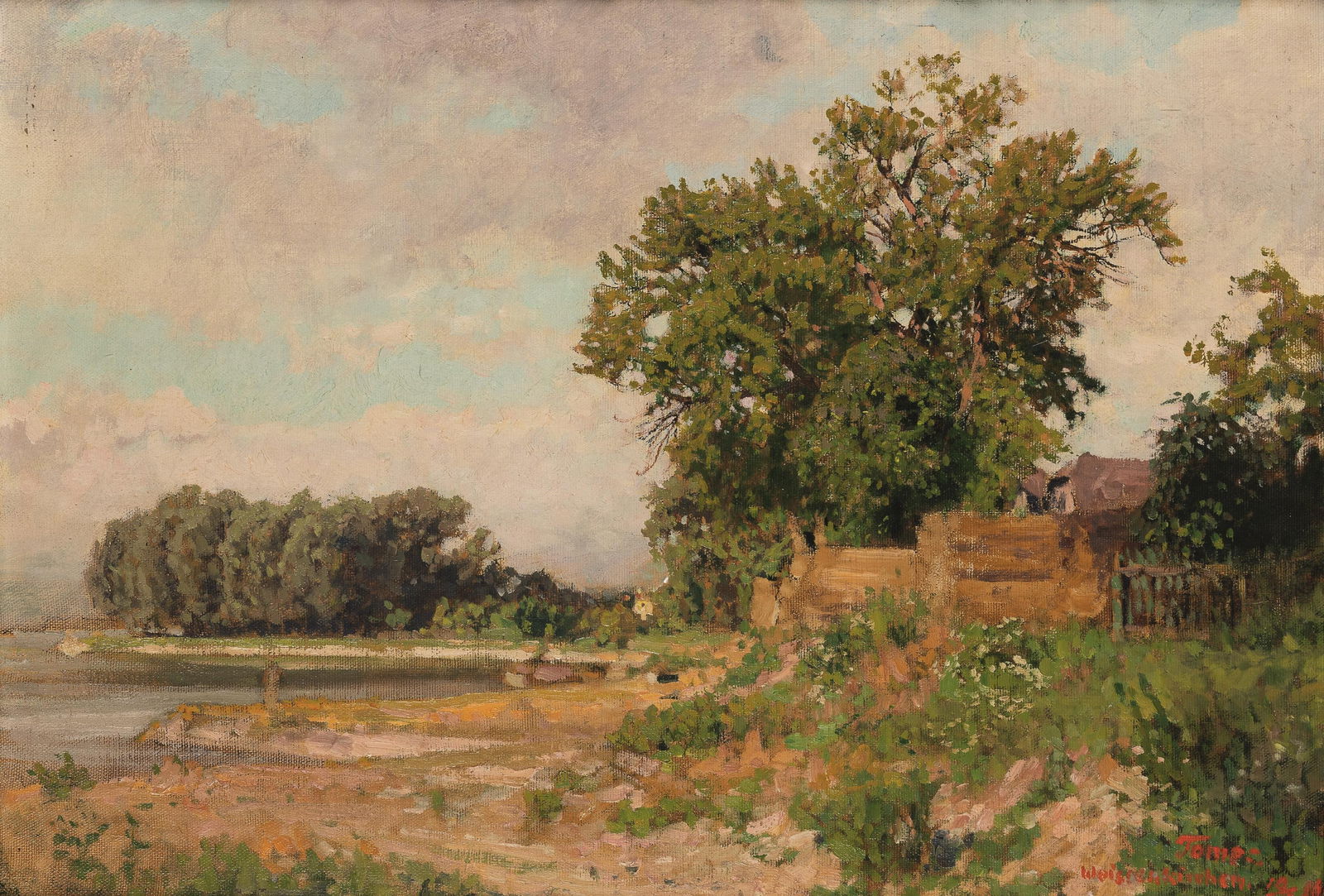 Heinrich Tomec: Die Donau bei Weißenkirchen: Heinrich Tomec Die Donau bei Weißenkirchen 1916 Öl auf Leinwand auf Karton; gerahmt 36 x 52 cm Signiert, bezeichnet und datiert rechts unten: Tomec. / Weissenkirchen. / 10/8 16. Privatbesitz