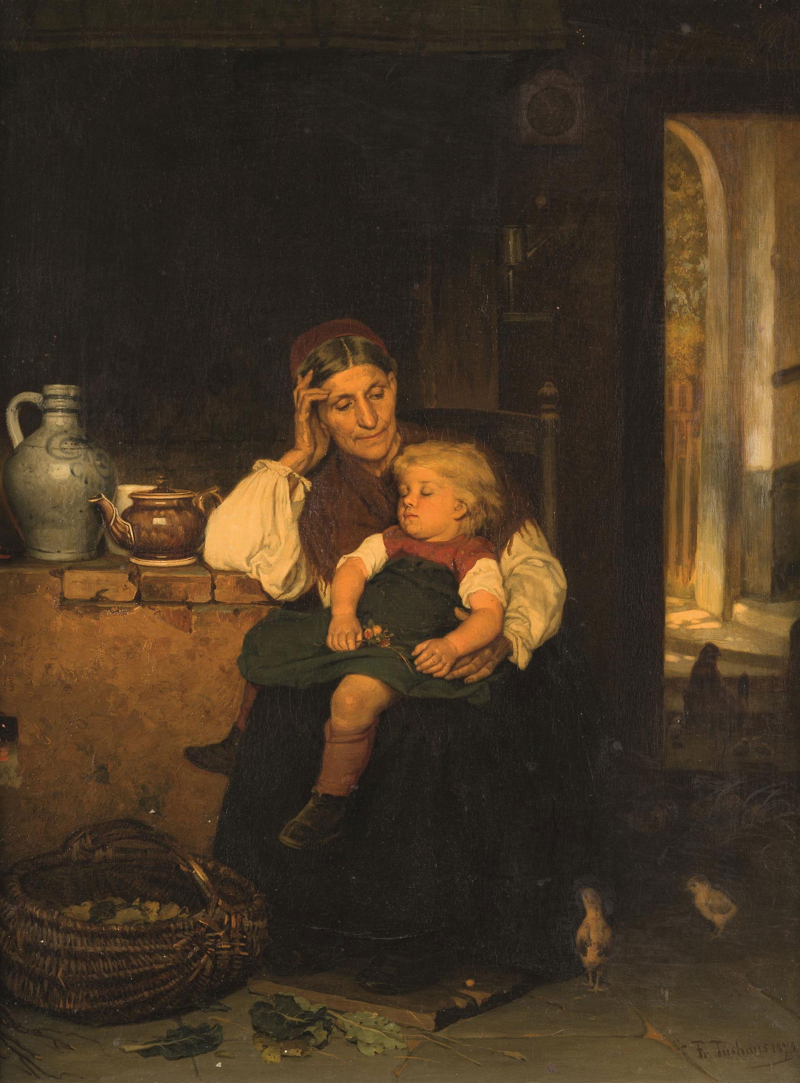Friedrich Tueshaus : Großmutter mit schlafendem Kind: Friedrich Tueshaus Großmutter mit schlafendem Kind 1874 Öl auf Leinwand; gerahmt 80 x 60,5 cm Signiert und datiert rechts unten: Fr. Tueshaus 1874 Dorotheum Wien, 12.9.1984, Nr. 695, Tafel X