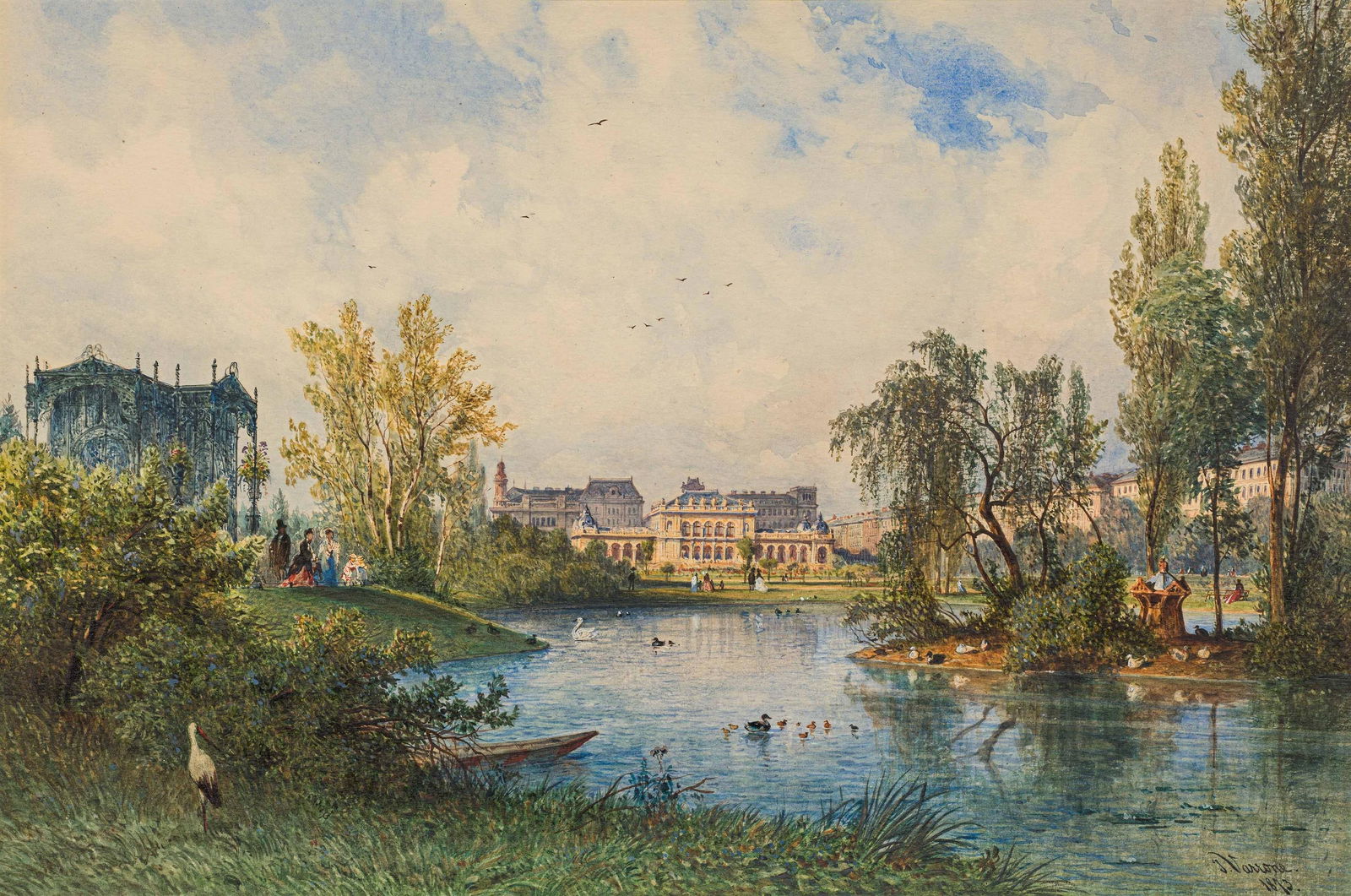 Johann Varrone: Blick auf den Kursalon Hübner im Wiener Stadtpark: Johann Varrone Blick auf den Kursalon Hübner im Wiener Stadtpark 1873 Aquarell auf Papier; gerahmt 21 x 31 cm (Passep.-Ausschnitt) Signiert und datiert rechts unten: J. Varrone. / 1873.