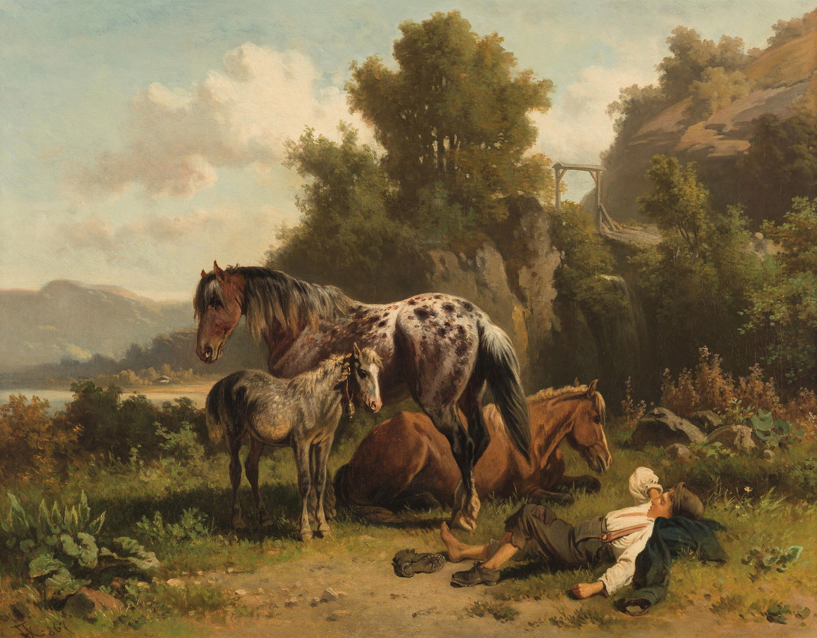 Adolf van der Venne: Drei Pferde mit Hirten: Adolf van der Venne Drei Pferde mit Hirten 1867 Öl auf Leinwand; gerahmt 67 x 87 cm Monogrammiert und datiert links unten: AV (in Ligatur) (1)867 Dorotheum Wien, 14.-19.9.1982, Nr. 490, Tafel XL