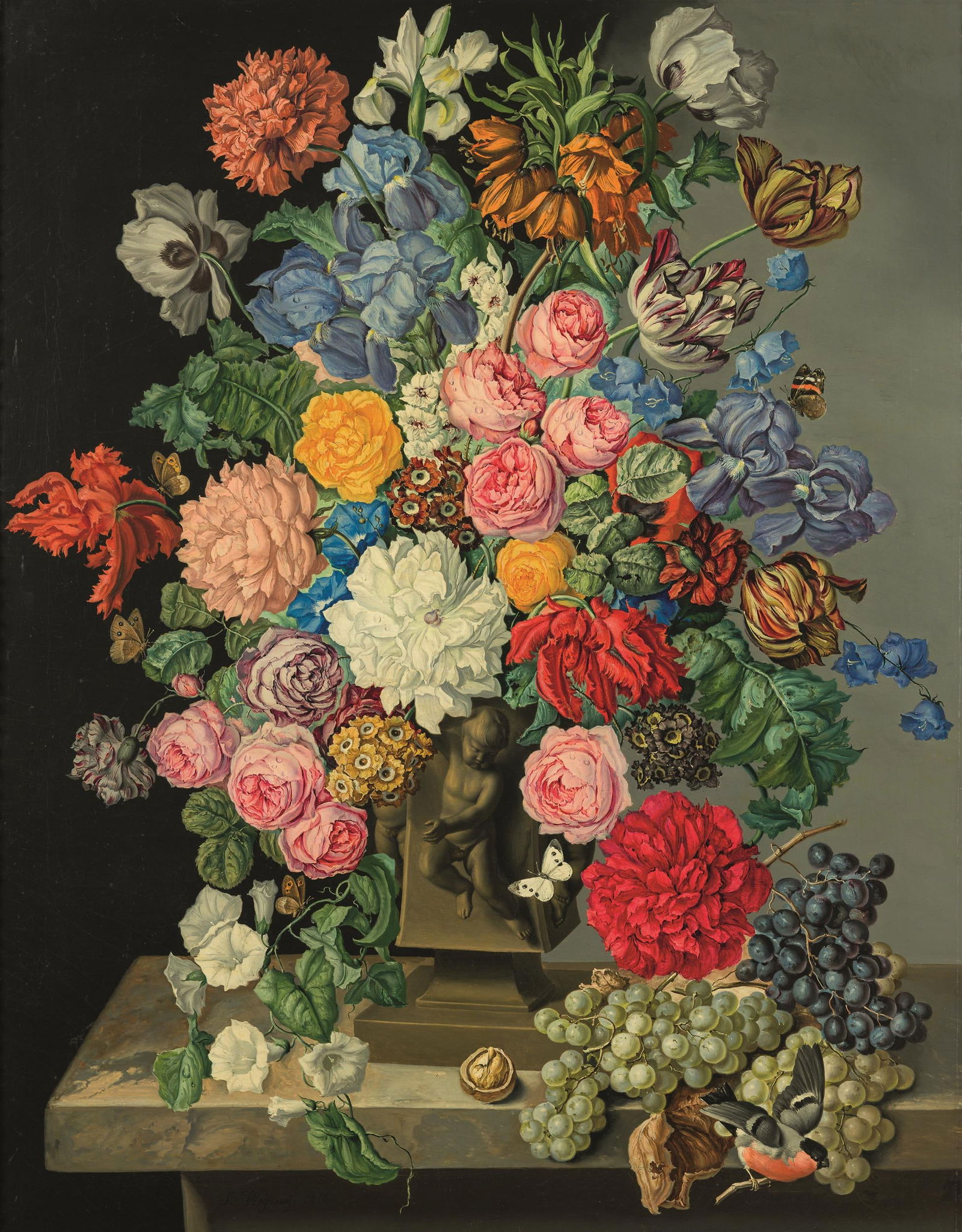 Sebastian Wegmayr: Großes Blumenstillleben mit Trauben: Sebastian Wegmayr Großes Blumenstillleben mit Trauben 1856 Öl auf Leinwand; gerahmt 121,5 x 94,5 cm Signiert und datiert links unten: S. Wegmayr. 1856. Dorotheum Wien, 12.3.1959, Nr. 137, Ta