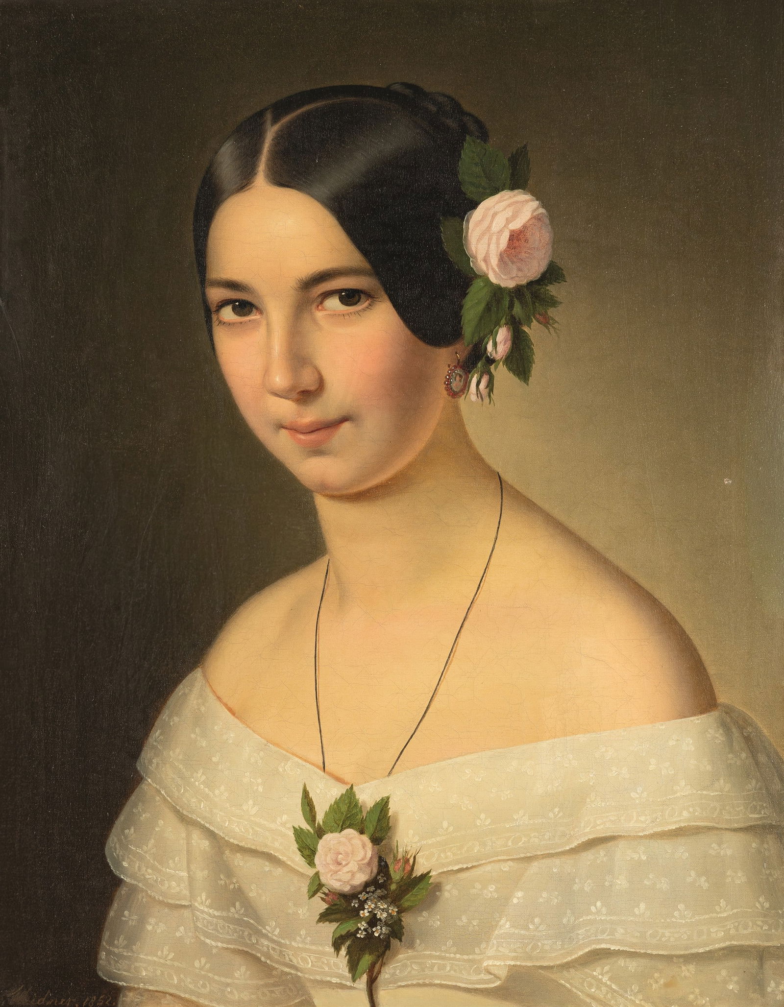 Joseph Weidner: Porträt der Ehefrau des Künstlers: Joseph Weidner Porträt der Ehefrau des Künstlers 1852 Öl auf Leinwand; gerahmt 58 x 46,5 cm Signiert und datiert links unten: Weidner. 1852. Privatbesitz, Österreich Joseph