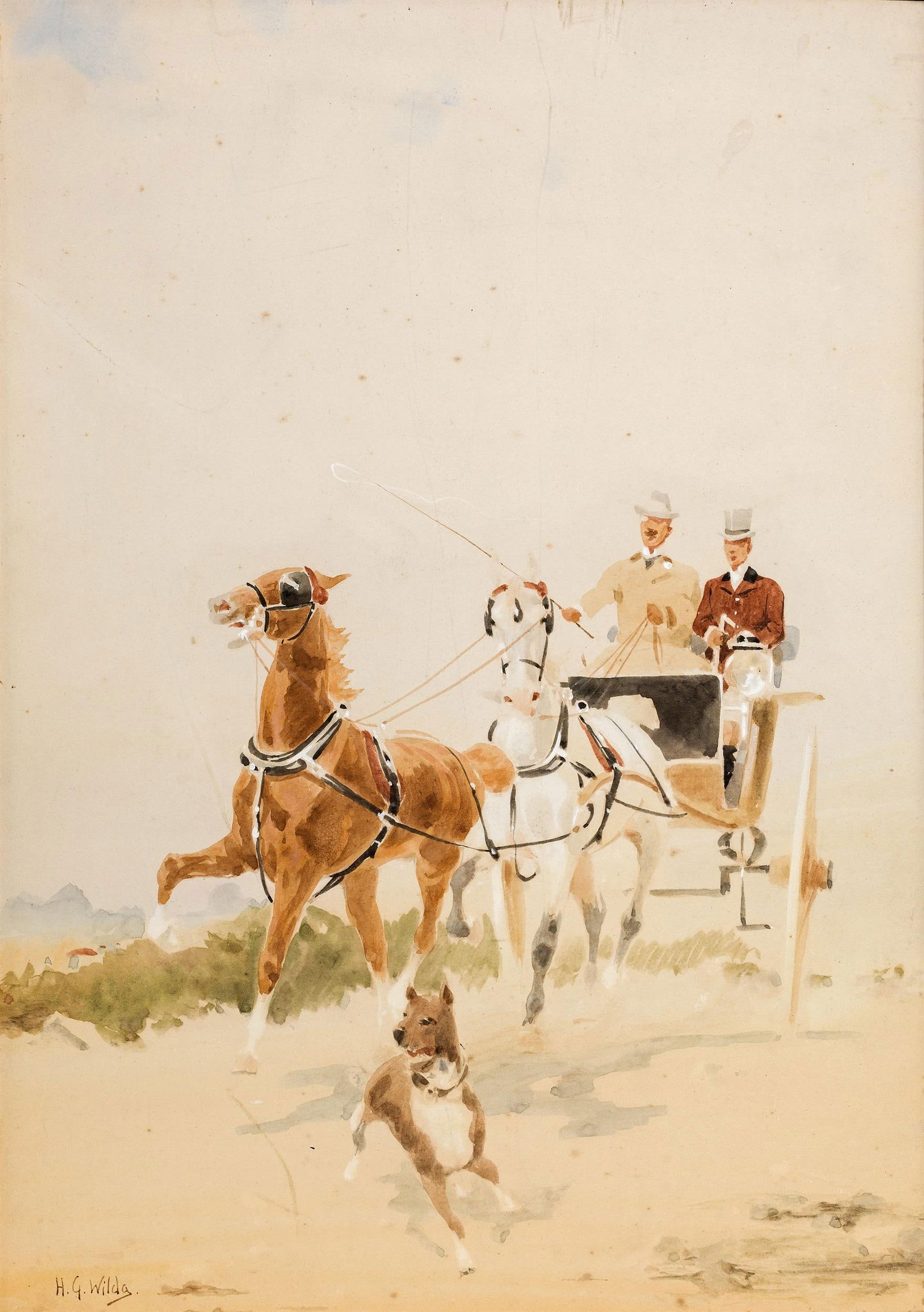 Hans Gottfried Wilda: Kutschenfahrt: Hans Gottfried Wilda Kutschenfahrt Aquarell auf Papier; gerahmt 32 x 22,5 cm (Passep.-Ausschnitt) Signiert links unten: H. G. Wilda. Wiener Privatsammlung; Auktionshaus im Kinsky, Wien, 9.4.2019, Nr.