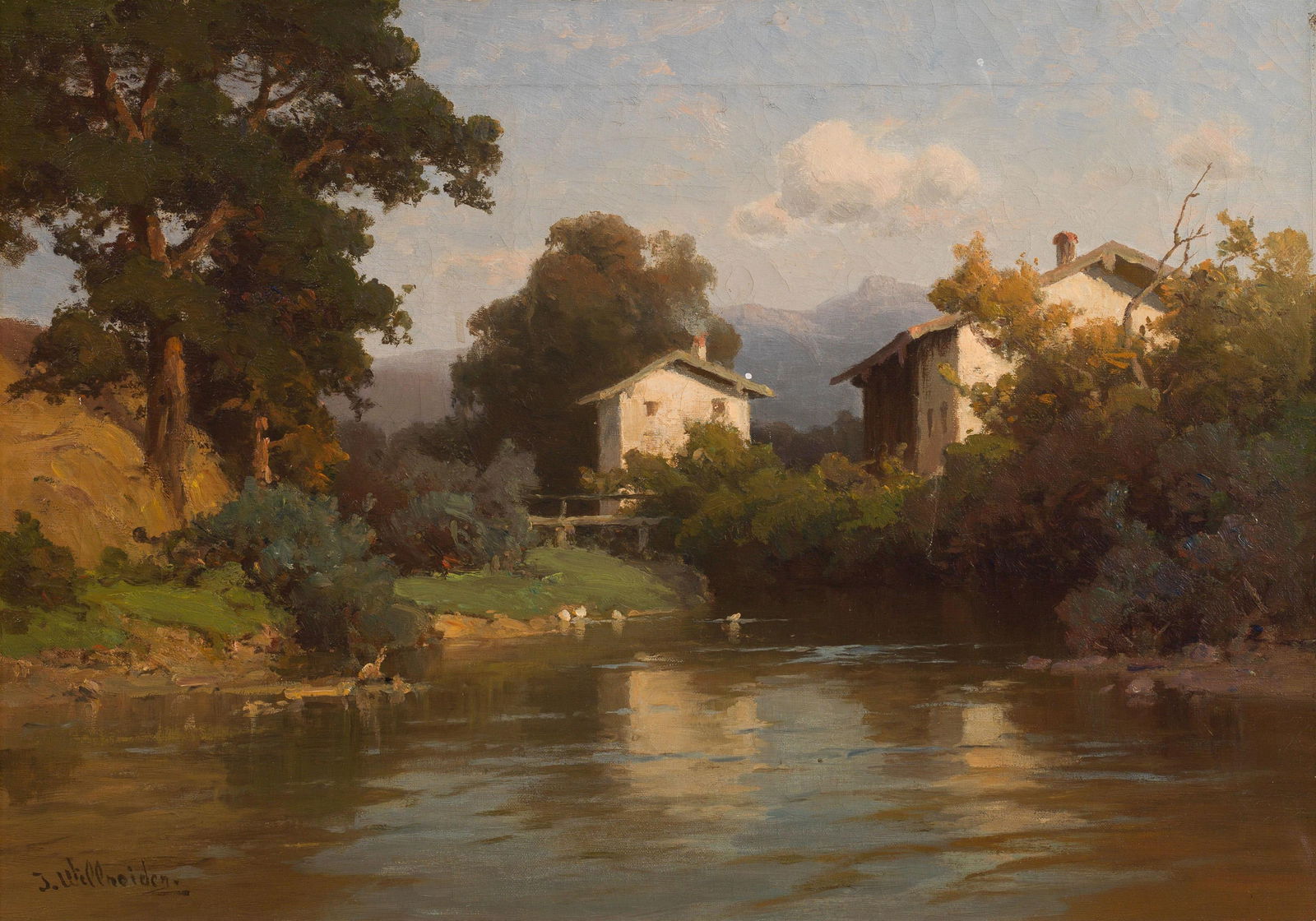 Josef Willroider: Häuser am Flussufer: Josef Willroider Häuser am Flussufer Öl auf Leinwand; gerahmt 32 x 45 cm Signiert links unten: J. Willroider. Nachlass Rolf und Margarete Prause, Klagenfurt Josef Willroider Houses on