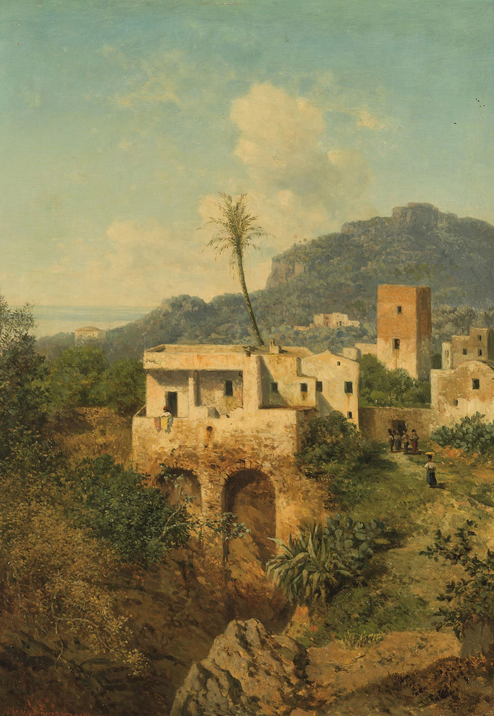 Albert August Zimmermann: Südliche Landschaft: Albert August Zimmermann Südliche Landschaft Öl auf Holz; gerahmt 58 x 42,5 cm Signiert und bezeichnet links unten: Albert Zimmermann *** / München. Auktionshaus Rudolf Bangel,