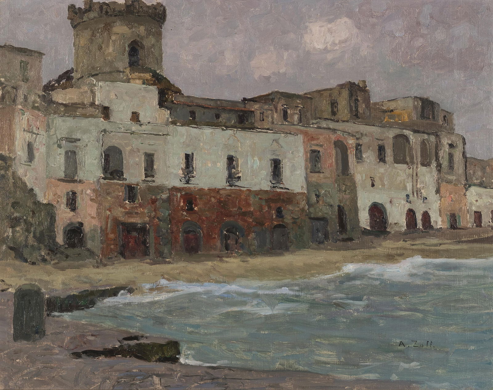 Alfred Zoff: Stadt an der Riviera: Alfred Zoff Stadt an der Riviera um 1914 Öl auf Leinwand auf Karton; gerahmt 43 x 54,5 cm Signiert rechts unten: A. Zoff. Kunsthandel Michael Stoff, Graz; Privatbesitz, Steiermark Martin