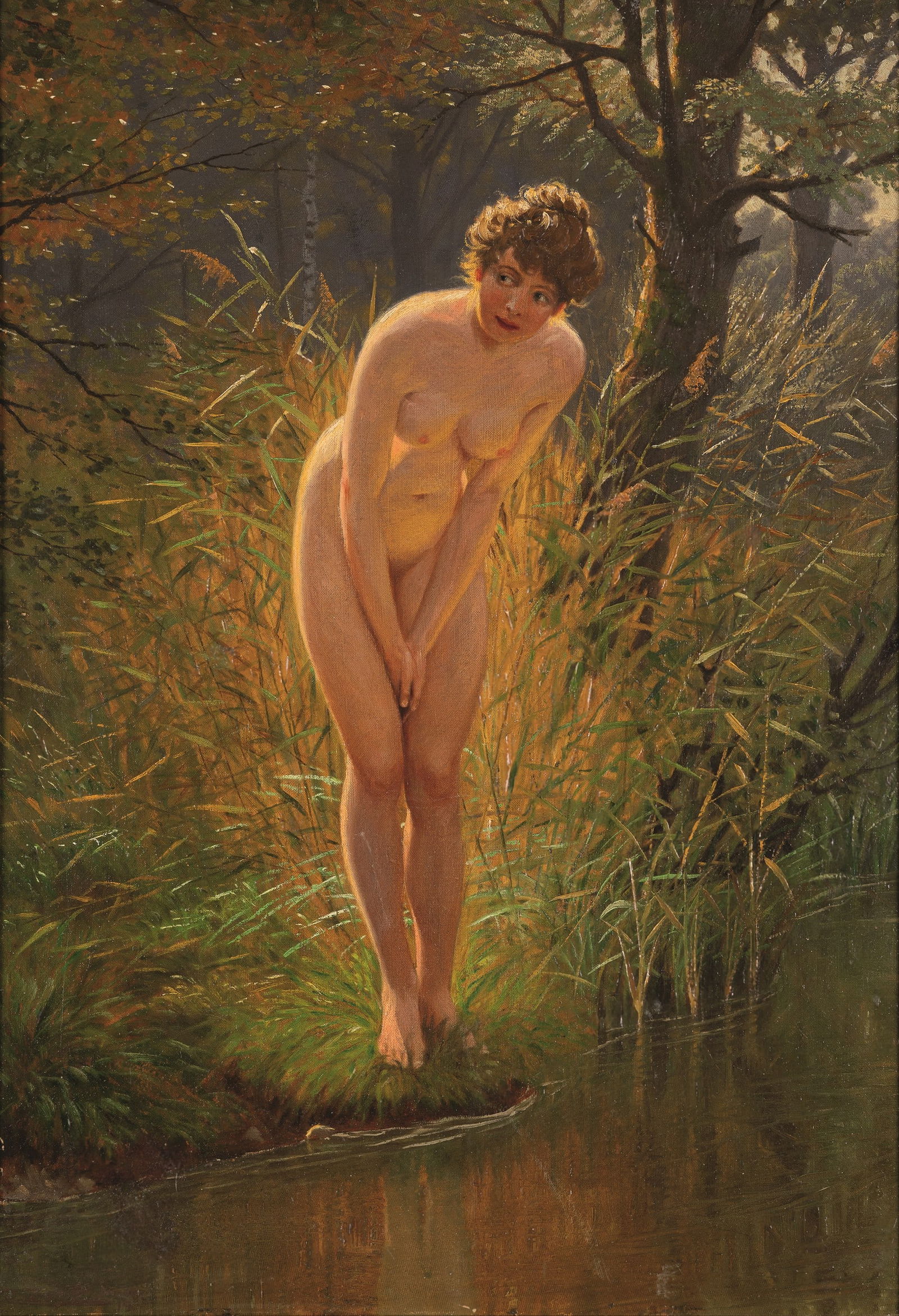 Karl Zopf: Weiblicher Akt am Wasser: Karl Zopf Weiblicher Akt am Wasser 1919 Öl auf Karton auf Platte; gerahmt 72,5 x 50,5 cm Signiert, bezeichnet und datiert links unten: C. Zopf Mnch. / (19)19 Privatbesitz, Österreich 