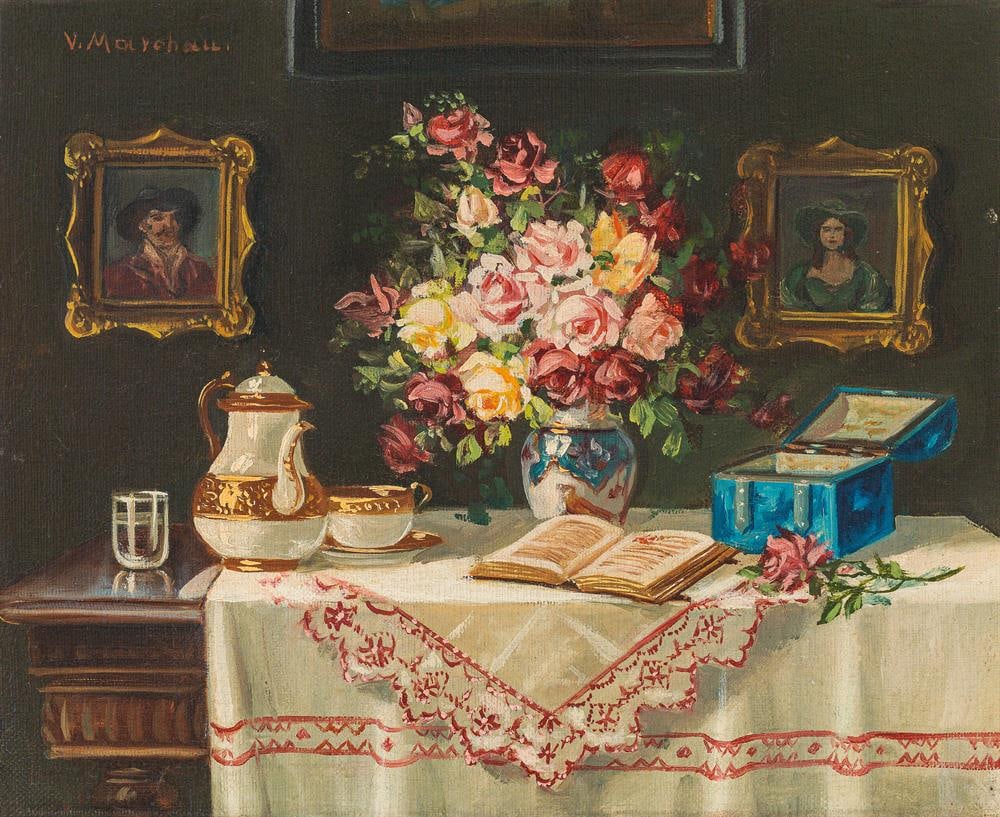 Künstler des 19./20. Jahrhunderts: Stillleben mit Rosenstrauss und Porzellan: Künstler des 19./20. Jahrhunderts Stillleben mit Rosenstrauss und Porzellan Öl auf Leinwand; gerahmt 21 x 26,5 cm Signiert links oben: V. Marchau. Privatsammlung, Wien Artist of the