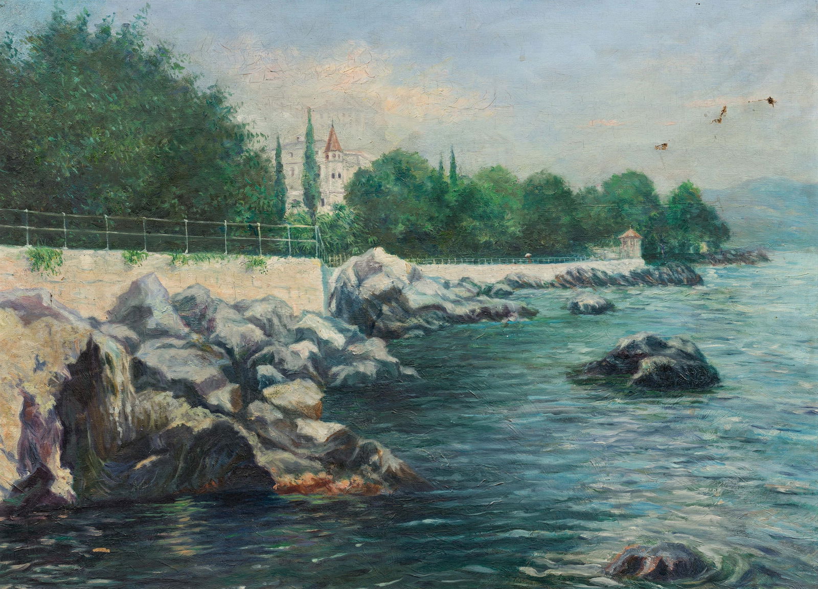 Künstler des 19. Jh.: Abbazia, Küstenpromenade mit der Jakobskirche: Künstler des 19. Jh. Abbazia, Küstenpromenade mit der Jakobskirche Öl auf Leinwand; gerahmt 55 x 76 cm österreichischer Privatbesitz Artist of the 19th century Abbazia,