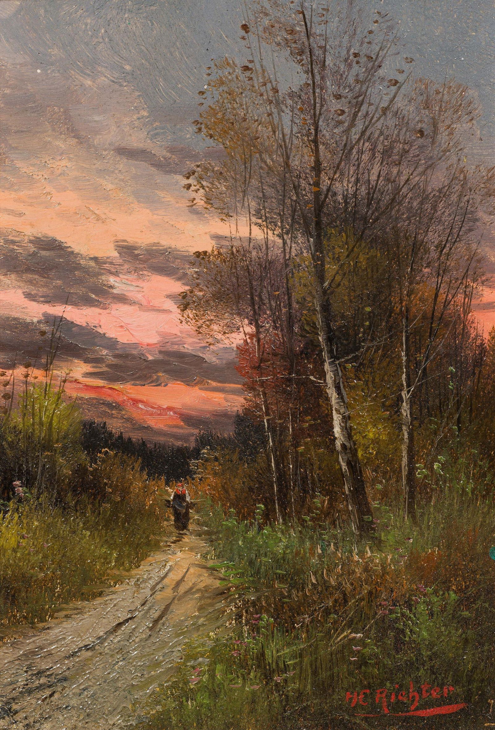 Künstler des 19. Jh.: Am Nachhauseweg: Künstler des 19. Jh. Am Nachhauseweg Öl auf Holz; gerahmt 15 x 11,5 cm Signiert rechts unten: HC Richter Privatsammlung, Österreich Artist of the 19th century Landscape with a