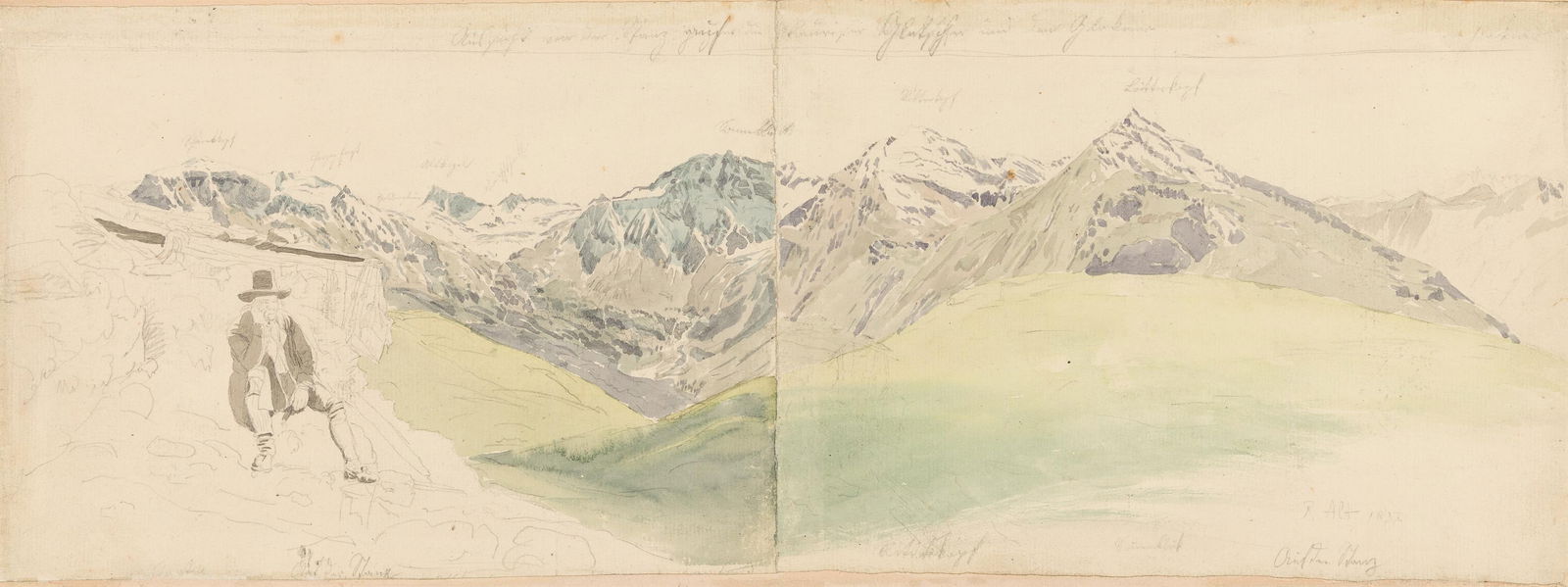 Künstler des 19. Jh.: Ansicht von der Stanz auf die Rauriser Gletscher und den Glockner: Künstler des 19. Jh. Ansicht von der Stanz auf die Rauriser Gletscher und den Glockner Aquarell auf Papier auf Karton; ungerahmt 17 x 46 cm Bezeichnet und undeutlich datiert rechts unten: R Alt