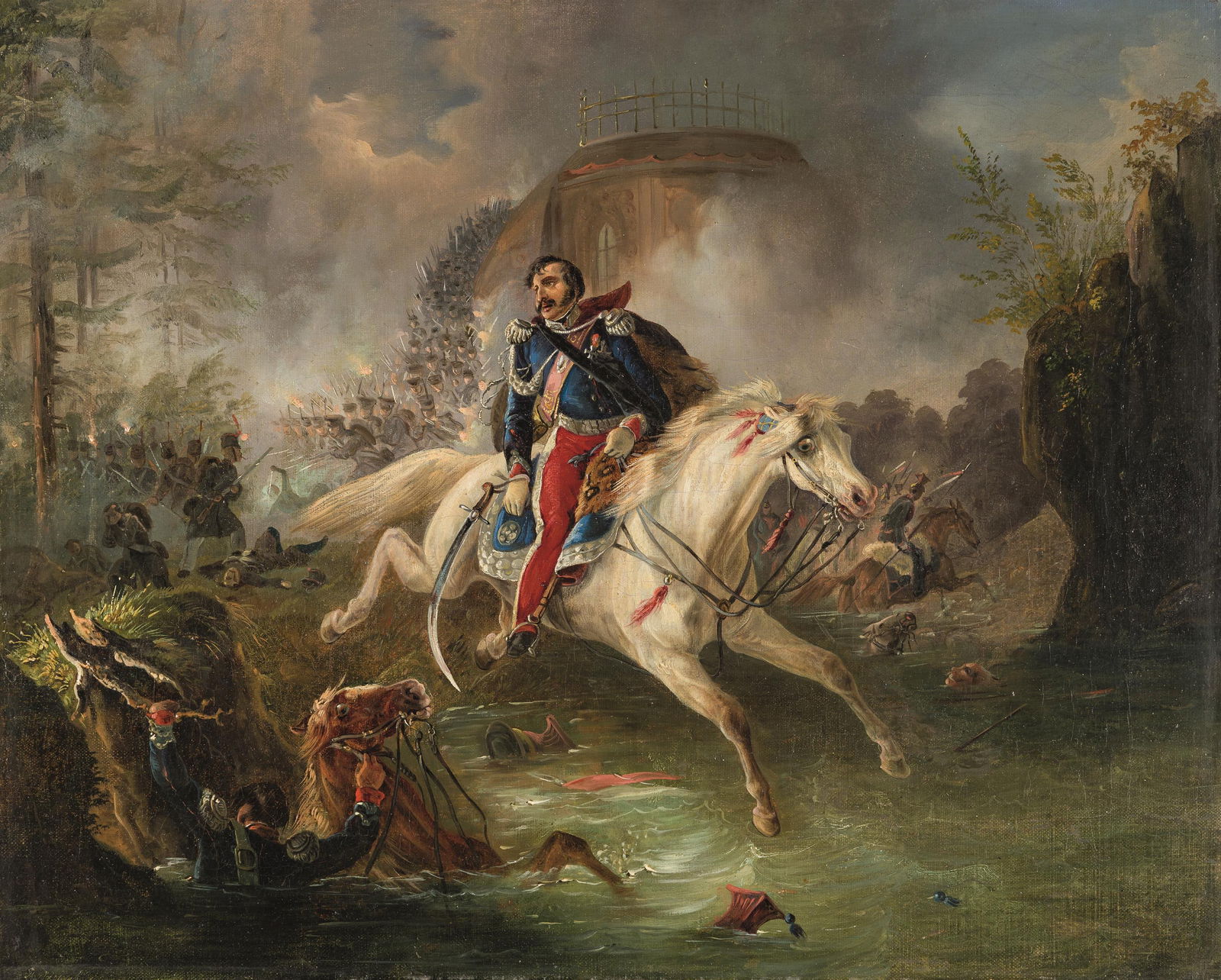 Der Tod des Fürsten Józef Antoni Poniatowski während der Völkerschlacht von Leip: Künstler des 19. Jh. Der Tod des Fürsten und Heerführers Józef Antoni Poniatowski während der Völkerschlacht am 19. Oktober 1813 durch Ertrinken in der Weißen