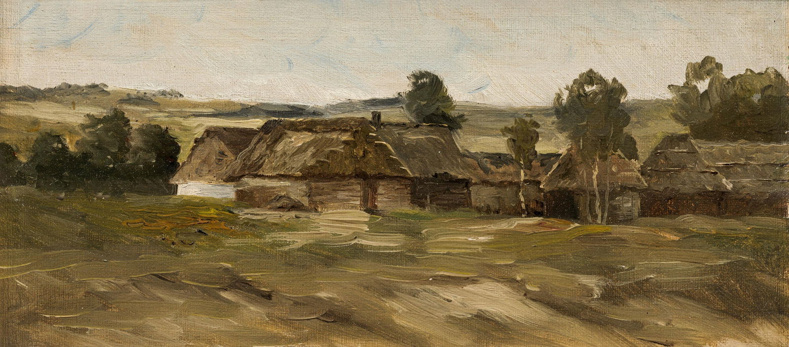 Künstler des 19. Jh.: Landschaft mit Bauernhäusern: Künstler des 19. Jh. Landschaft mit Bauernhäusern Öl auf Leinwand auf Karton; gerahmt 13 x 26 cm Privatbesitz, Österreich Artist of the 19th century Landscape with Farm Houses