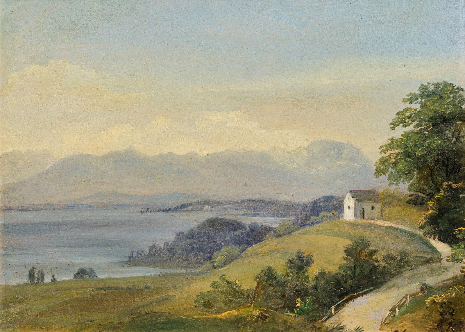 Künstler des 19. Jh.: Possenhofen: Künstler des 19. Jh. Possenhofen Öl auf Karton; gerahmt 20 x 26,5 cm Rückseitig handschriftlich bezeichnet: Dieses Bild hat die Kaiserin Elisabeth von / Österreich in Possenhofen