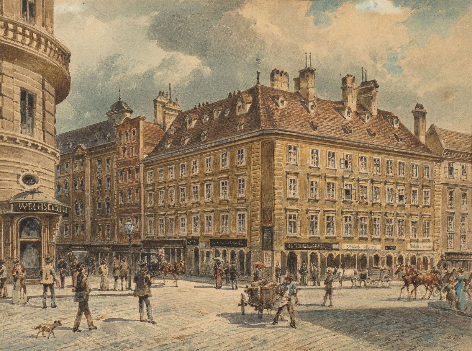 Künstler des 19. Jh.: Straßenszene in Wien: Künstler des 19. Jh. Straßenszene in Wien Aquarell auf Papier; gerahmt 25 x 34 cm (Passep.-Auschnitt) Monogrammiert rechts unten: G.W. österreichischer Privatbesitz Artist of the