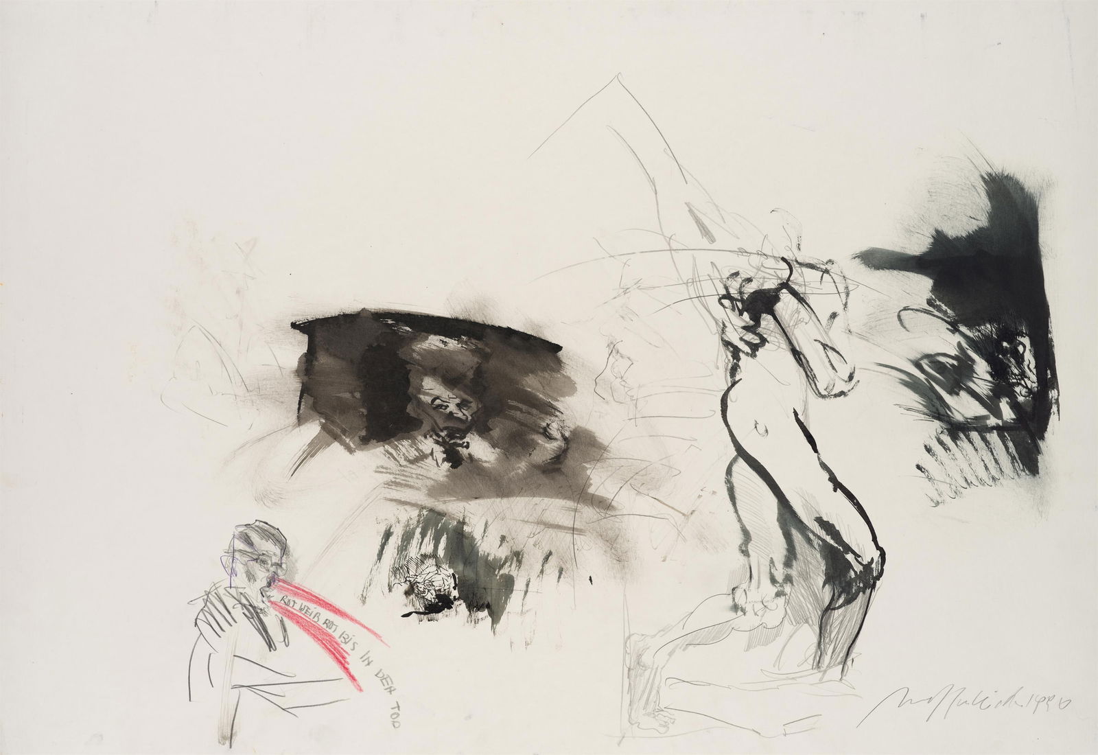 Alfred Hrdlicka: Rot Weiß Rot bis in den Tod: Alfred Hrdlicka Rot Weiß Rot bis in den Tod 1990 Mischtechnik auf dünnem Karton; ungerahmt 70 x 100 cm Signiert und datiert rechts unten: Alfred Hrdlicka, 1990 Bezeichnet links im Bild: Rot