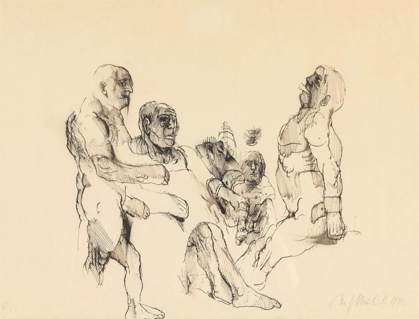 Alfred Hrdlicka: o.T.: Alfred Hrdlicka o.T. 1970 Mischtechnik auf Papier; gerahmt 46,5 x 61,5 cm (Rahmen-Ausschn.) Signiert und datiert rechts unten: Alfred Hrdlicka, 1970 österreichische Privatsammlung Alfred Hrdlicka