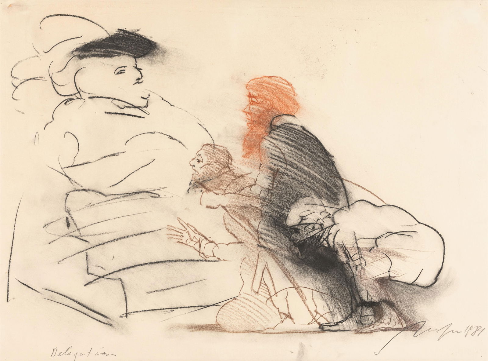 Alfred Hrdlicka: Delegation: Alfred Hrdlicka Delegation 1981 Mischtechnik auf Papier; gerahmt 55 x 75 cm (Rahmen-Ausschn.) Bezeichnet links unten: Delegation Signiert und datiert rechts unten: Alfred Hrdlicka, 1981