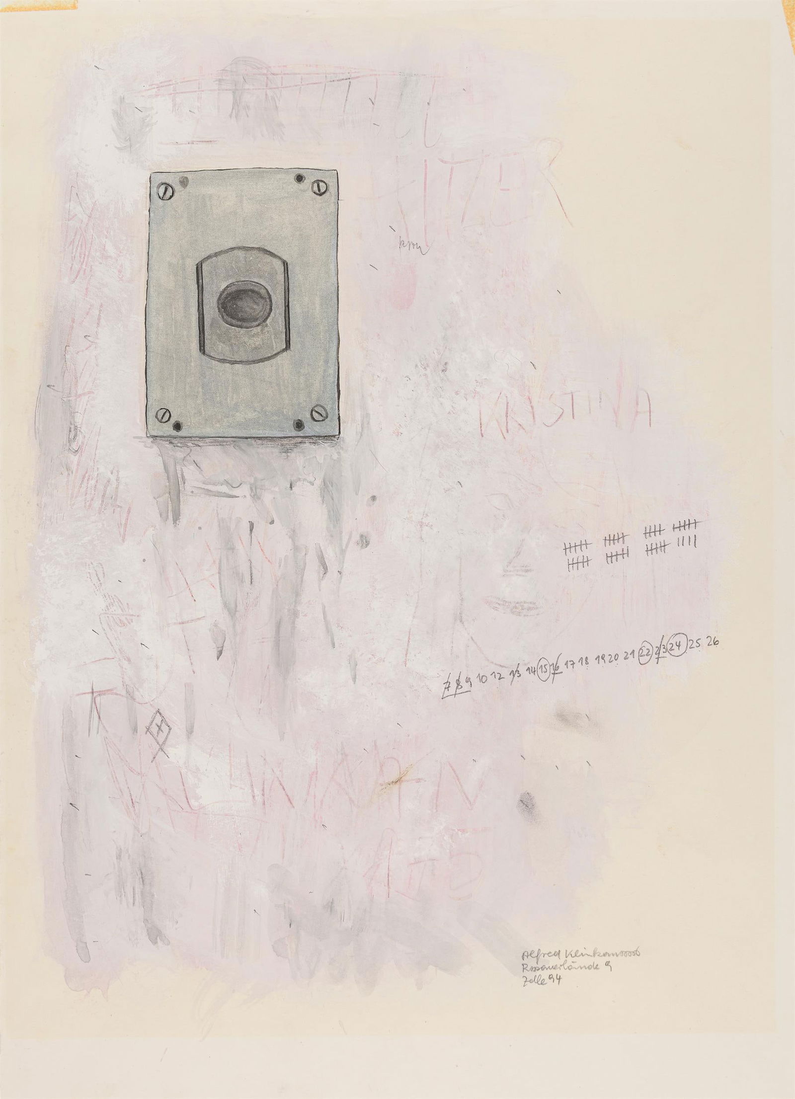 Alfred Klinkan: Rossauerlände 9 Zelle 94: Alfred Klinkan Rossauerlände 9 Zelle 94 Mischtechnik auf Papier; ungerahmt 45 x 32,5 cm Signiert und bezeichnet rechts unten: Alfred Klinkan, Rossauerlände 9 Zelle 94 österreichische