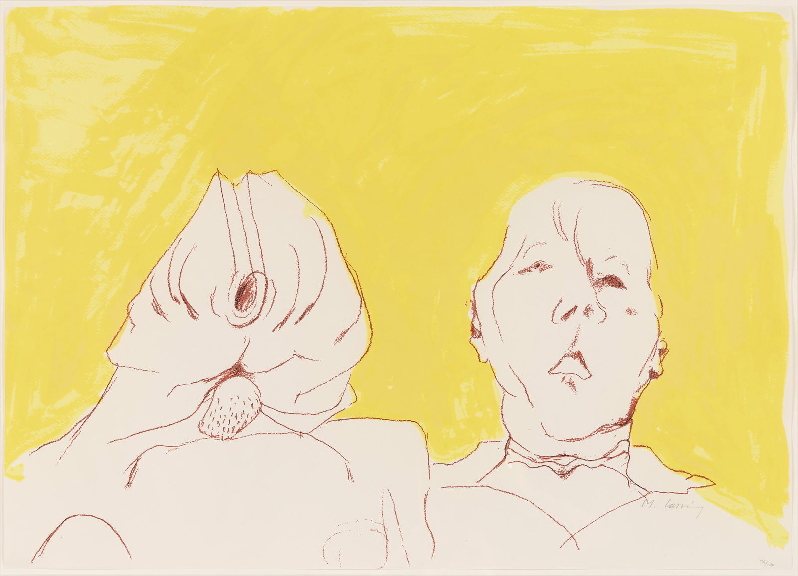 Maria Lassnig: Doppelselbstporträt: Maria Lassnig Doppelselbstporträt 2008 Siebdruck in Farbe auf Velin Papier; gerahmt 49 x 68 cm (Blattmaß) Handschriftlich signiert und nummeriert rechts unten: M. Lassnig, 36/100 
