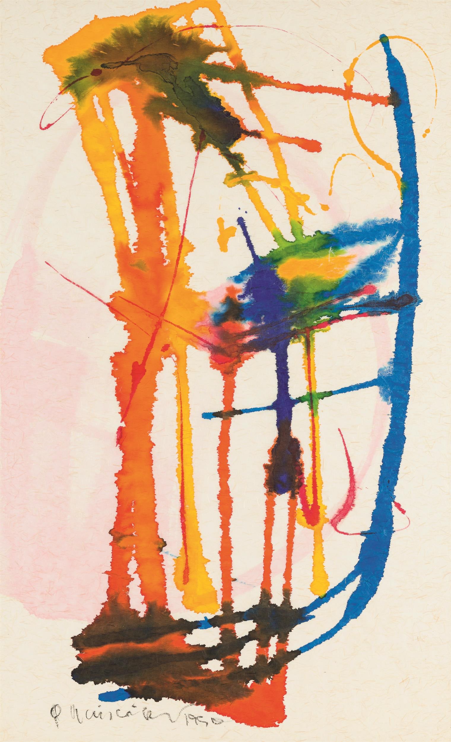Gottfried Mairwöger: o.T.: Gottfried Mairwöger o.T. 1990 Aquarell auf Dekorpapier; gerahmt 95,8 x 59,5 cm (Rahmen-Ausschn.) Signiert und datiert links unten: G Mairwöger, 1990 direkt vom Künstler; seither ös