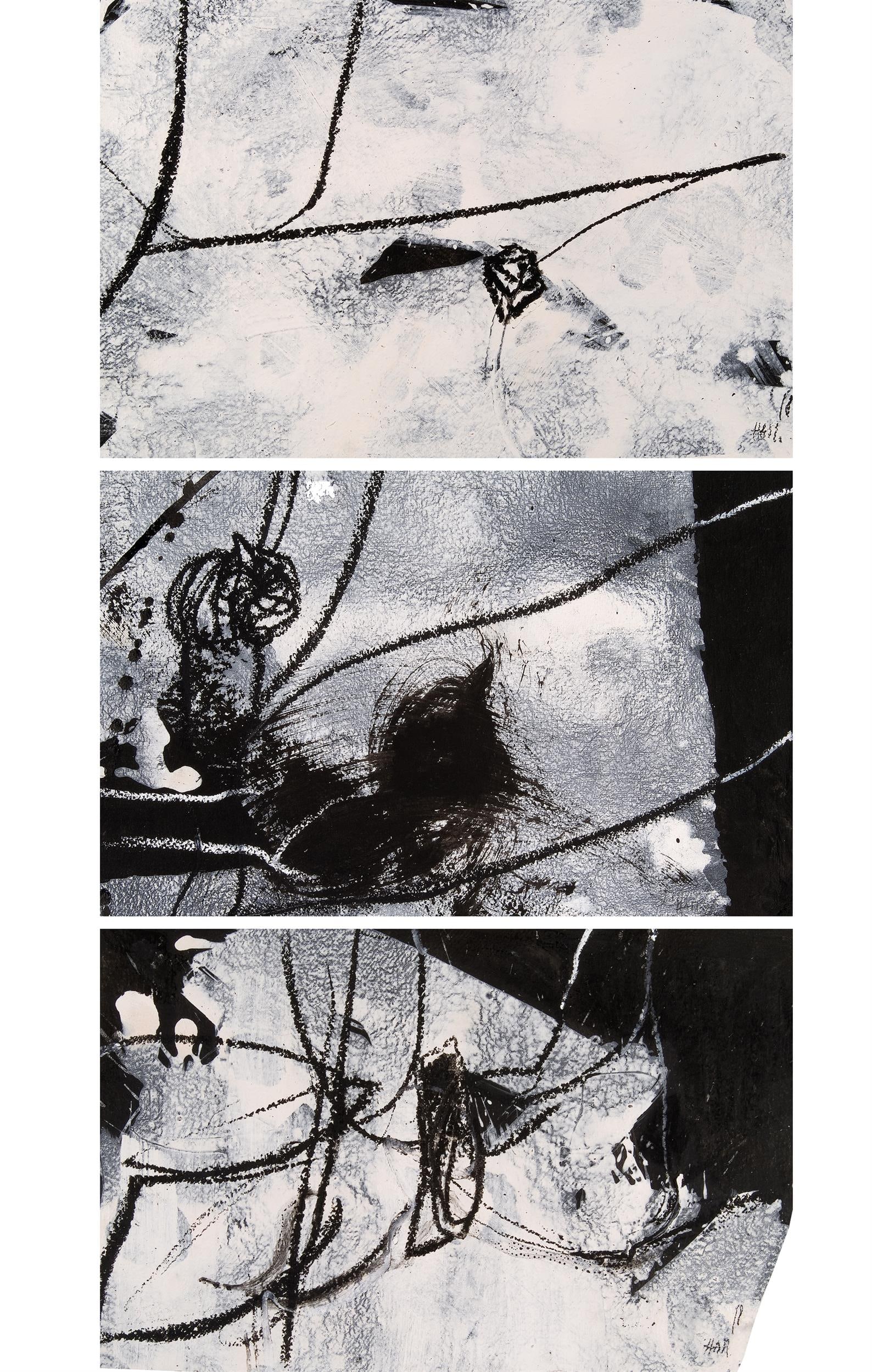 Hannes Mlenek: 3-teilige Serie: Hannes Mlenek 3-teilige Serie 1998 Mischtechnik auf Malkarton; gerahmt 34,5 x 51,5 cm; 34 x 52,5 cm; 35,7 x 52,5 cm Datiert und signiert rechts unten: 98, Ham. Datiert und signiert rechts unten: 98,