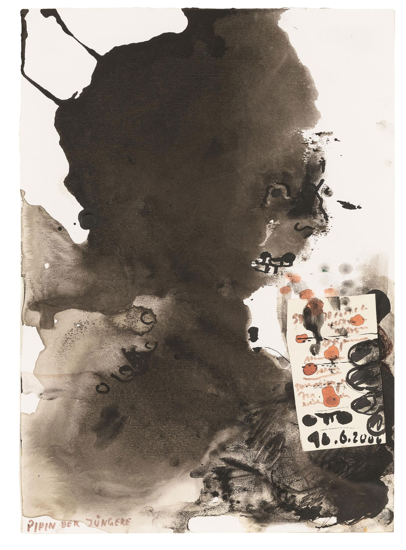 Otto Muehl: Pipin der Jüngere: Otto Muehl Pipin der Jüngere 2006 Mischtechnik auf Papier; gerahmt 34,5 x 24,5 cm Bezeichnet links unten: Pipin der Jüngere Signiert und datiert rechts unten: Otto, 16. 6. 2006 Rückseit