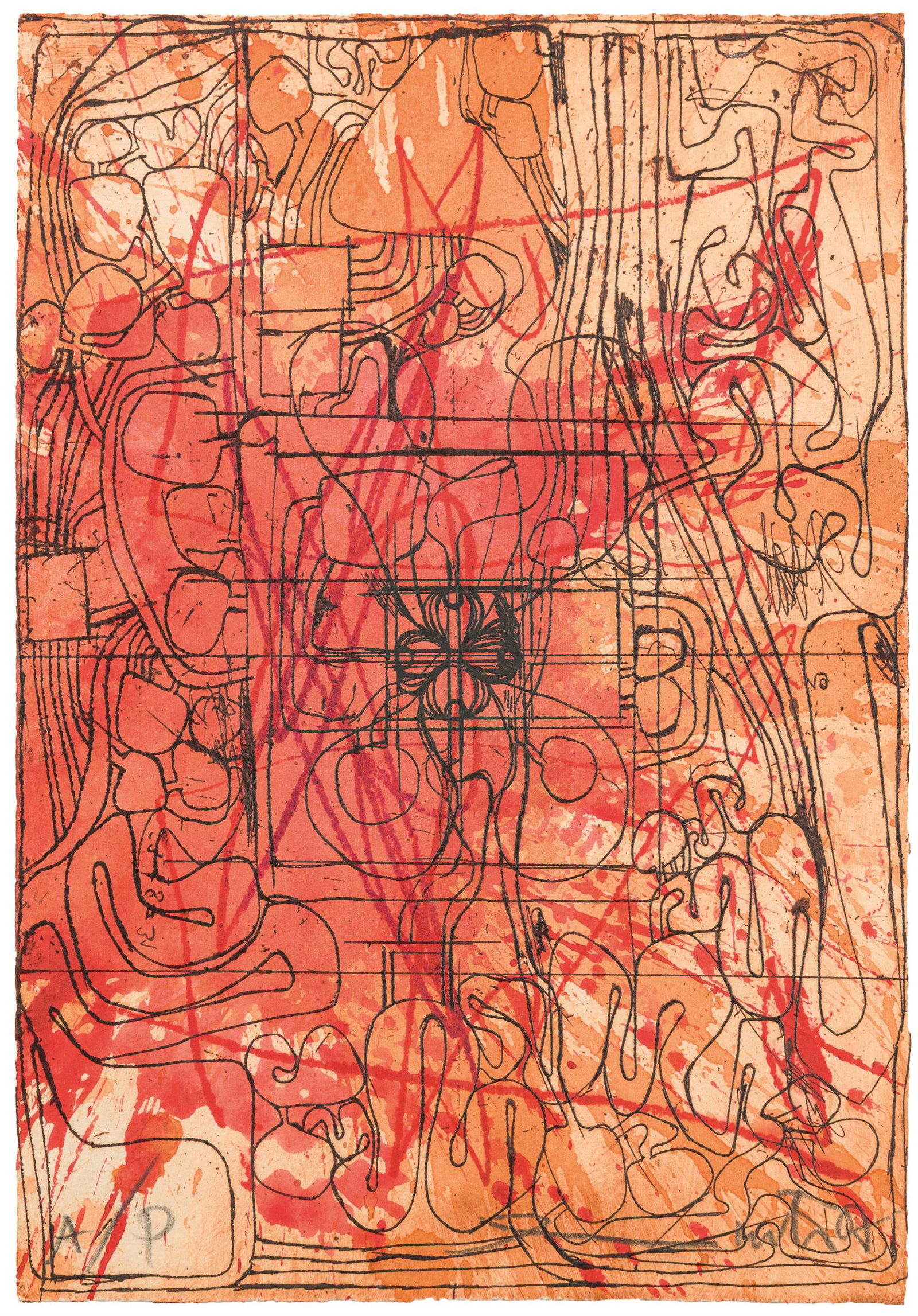 Hermann Nitsch: o.T.: Hermann Nitsch o.T. 2007 Siebdruck auf Aktionsrelikt (Büttenpapier); ungerahmt 30,5 x 21 cm Handschriftlich nummeriert links unten: A/P Handschriftlich signiert und datiert rechts unten: Hermann