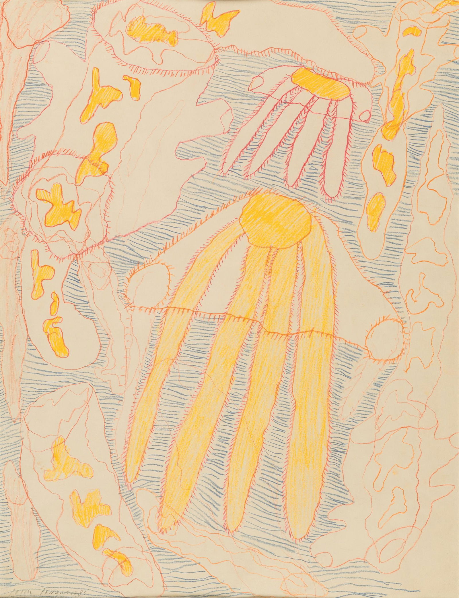 Peter Pongratz: o.T.: Peter Pongratz o.T. 1983 Buntstift auf Papier; gerahmt 63,5 x 48,8 cm (Passep.-Ausschn.) Signiert und datiert links unten: Peter Pongratz, 83 Privatsammlung, Wien Peter Pongratz Untitled 1983