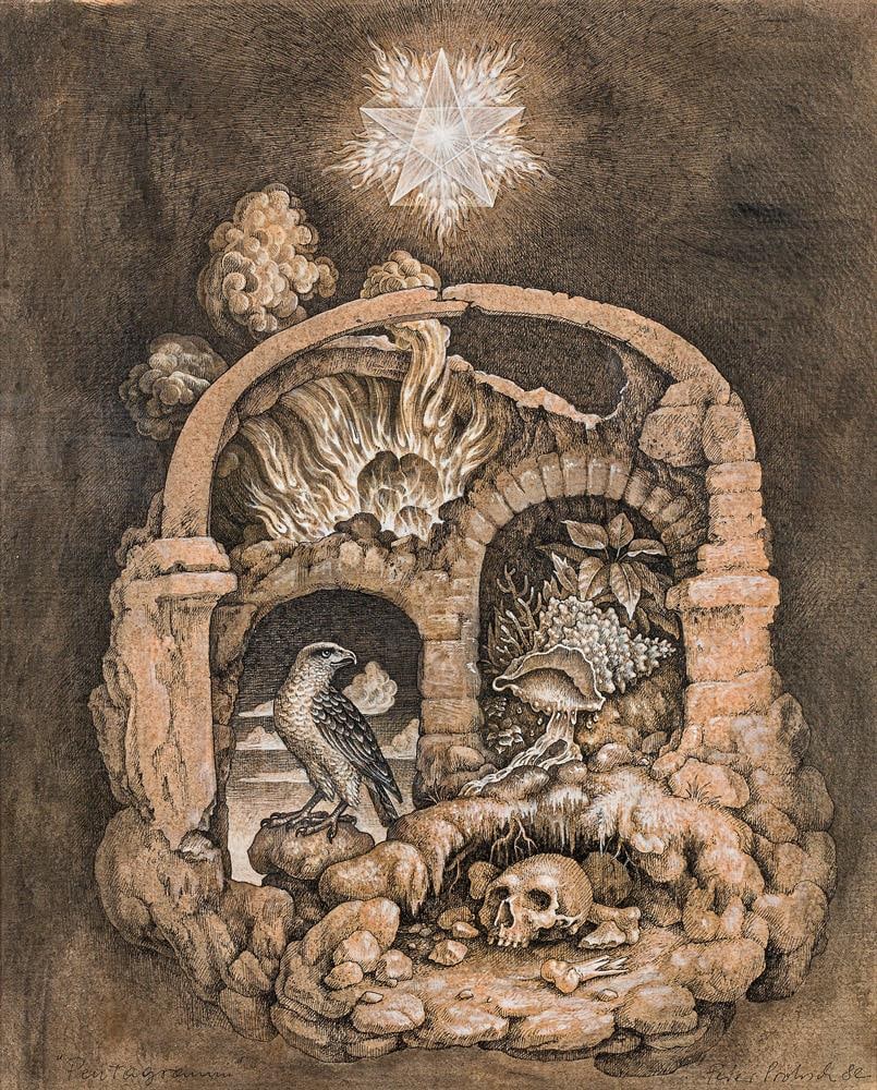 Peter Proksch: Pentagramm: Peter Proksch Pentagramm 1982 Federzeichnung auf Papier; gerahmt 34 x 27,5 cm (Passep.-Ausschn.) Bezeichnet links unten: "Pentagramm" Signiert und datiert rechts unten: Peter Proksch, 82