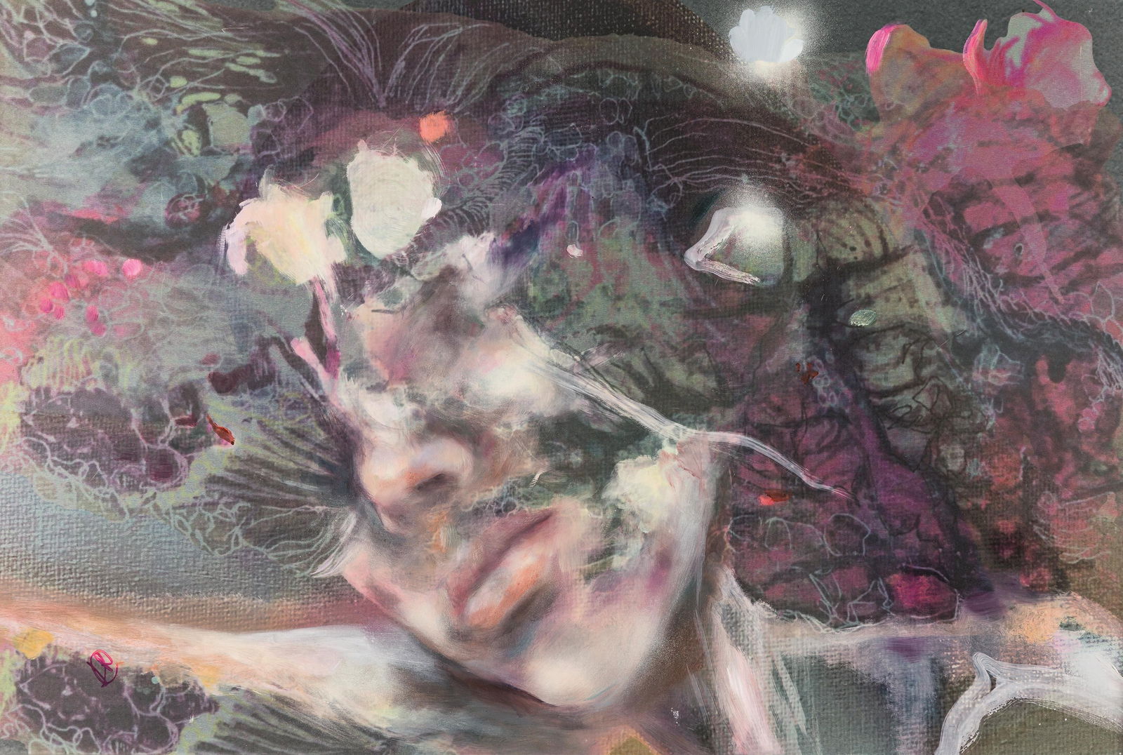 Lucia Riccelli: Flora e Fauna: Lucia Riccelli Flora e Fauna 2024 Mischtechnik auf Alu Dibond; gerahmt 69,5 x 105 cm Monogrammiert links unten: LR Rückseitig signiert, datiert und bezeichnet: Lucia Riccelli, Giada Iafisco,