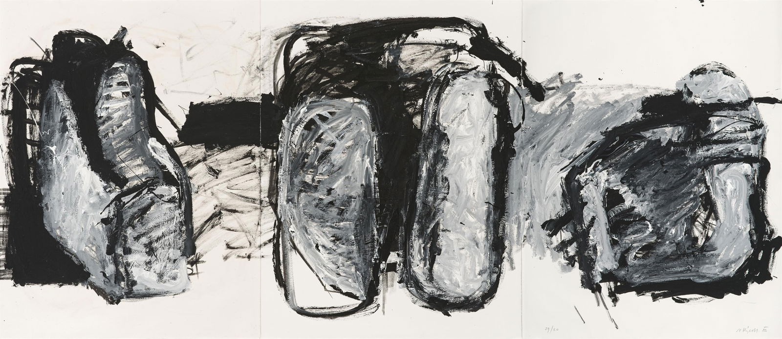 Alois Riedl: o.T.: Alois Riedl o.T. 1983 Öl auf Papier; ungerahmt 66 x 151 cm Signiert und datiert rechts unten: A. Riedl, 83 österreichische Privatsammlung Der Leihrahmen kann zusätzlich erworben