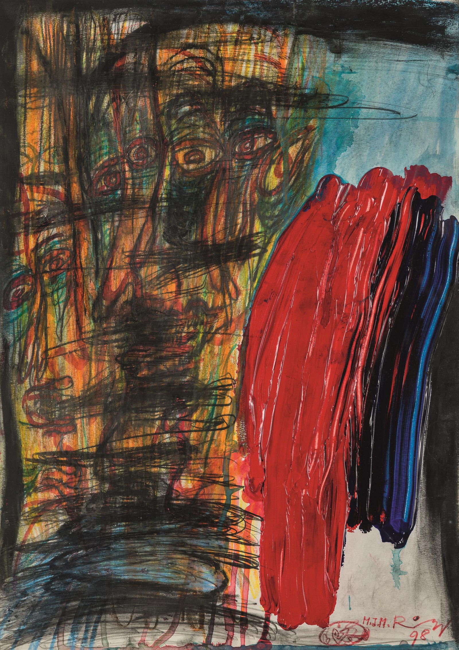 Franz Ringel: Die Reise nach Petuschki: Franz Ringel Die Reise nach Petuschki 1998 Mischtechnik auf Papier; gerahmt 41,5 x 29,5 cm Monogrammiert und datiert rechts unten: M.J.M.R, 98 Rückseitig auf Rahmen bezeichnet: Die Reise nach Pet