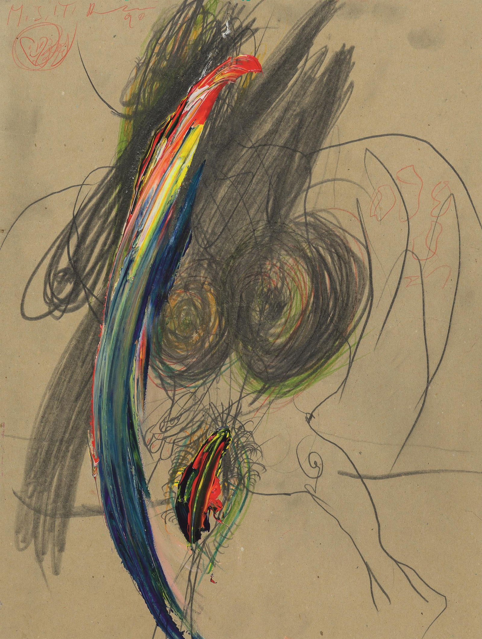 Franz Ringel: o.T.: Franz Ringel o.T. 1990 Mischtechnik auf Karton; gerahmt 56,5 x 42 cm (Passep.-Ausschn.) Monogrammiert, signiert und datiert links oben: M.J.T., Ringel, 90 Privatsammlung, Wien Franz Ringel Untitled 19